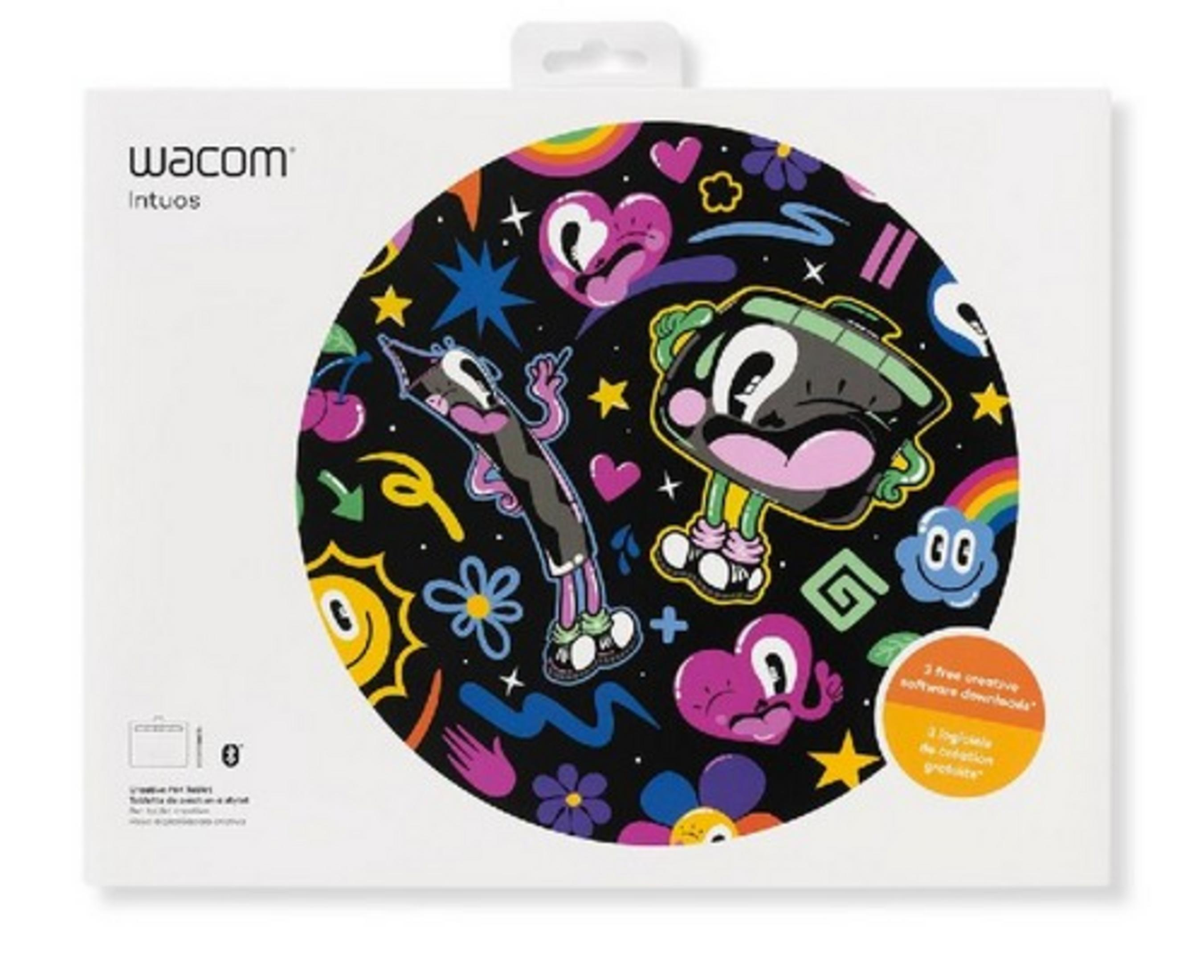 Embalaje Wacom Intuos con pegatina circular vibrante con bolígrafo y personajes de dibujos animados.