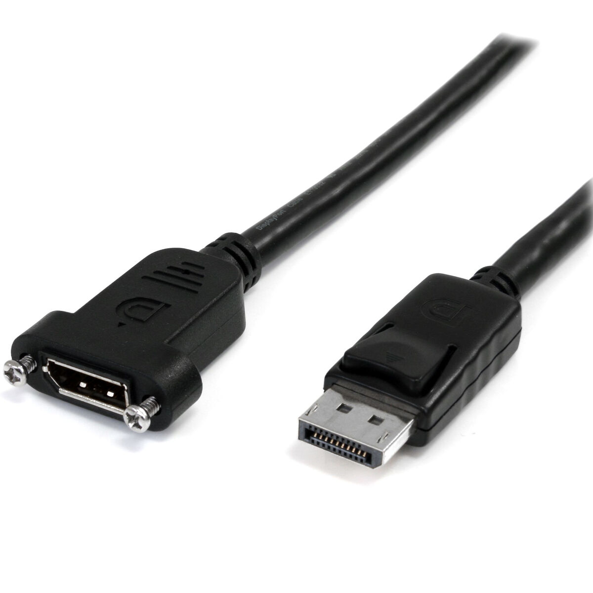 Schwarzes DisplayPort-Kabel mit männlichem und weiblichem Anschluss auf weißem Hintergrund.