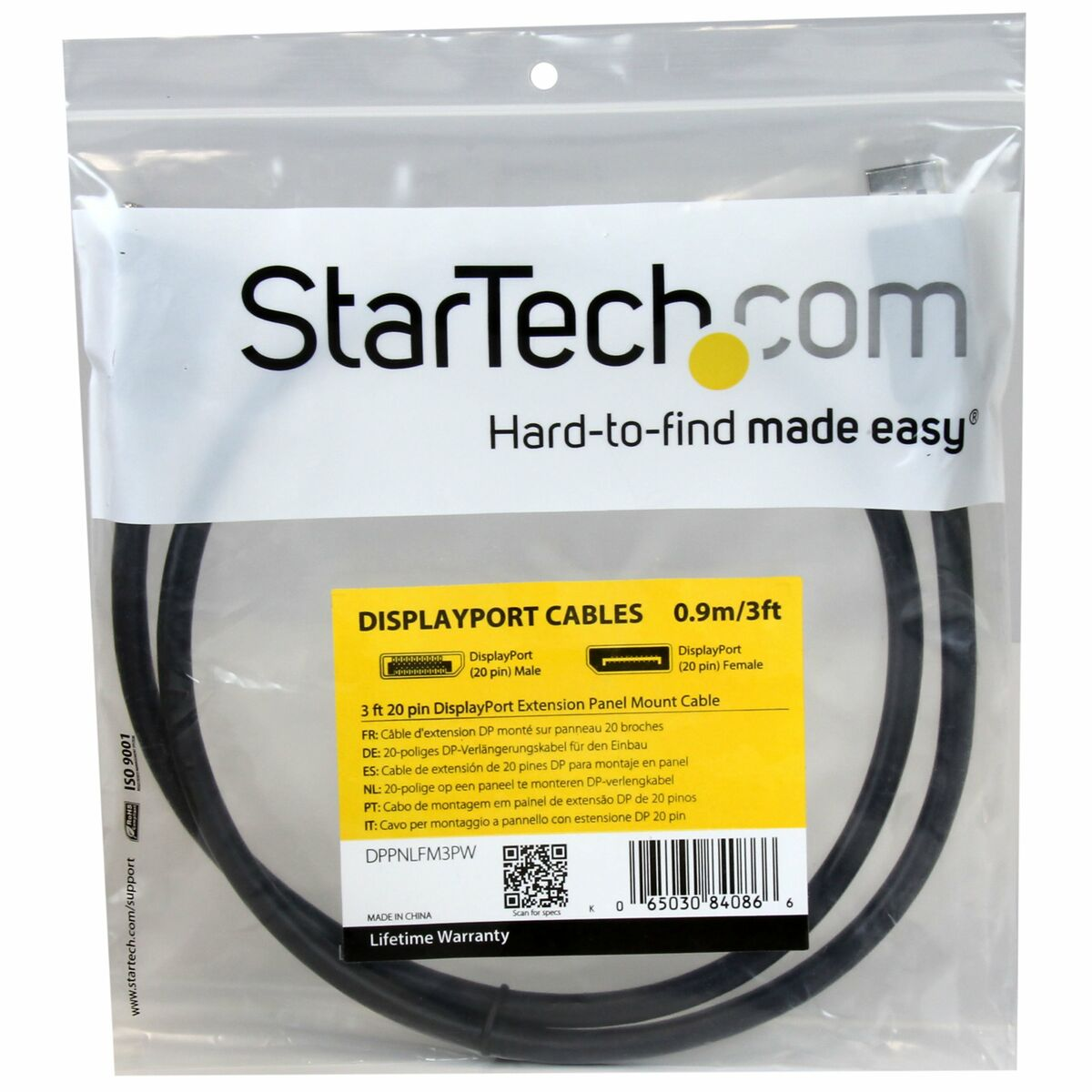 Verpackung eines schwarzen StarTech.com 3ft 20-Pin DisplayPort Verlängerungskabels.