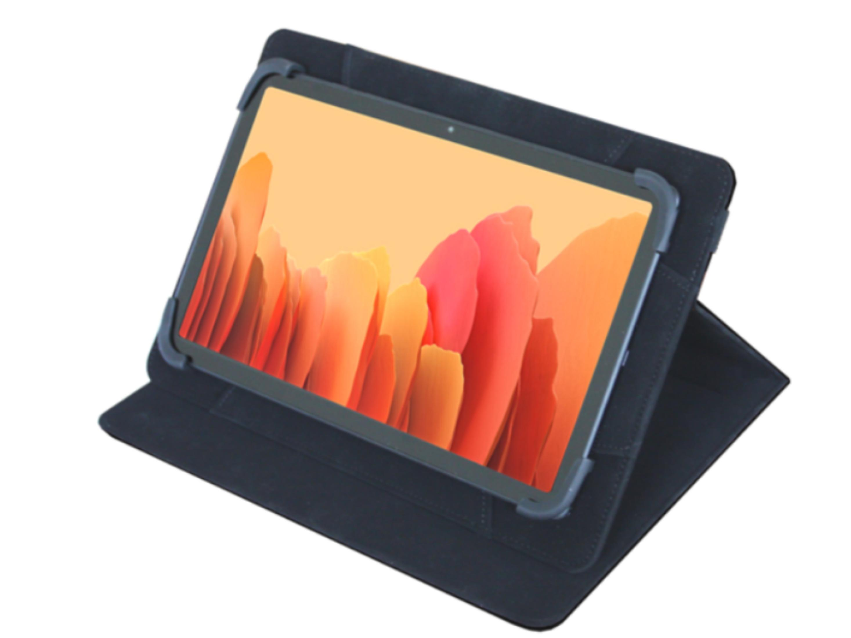 Una tablet en una funda negra, mostrando una imagen abstracta de fondo naranja.
