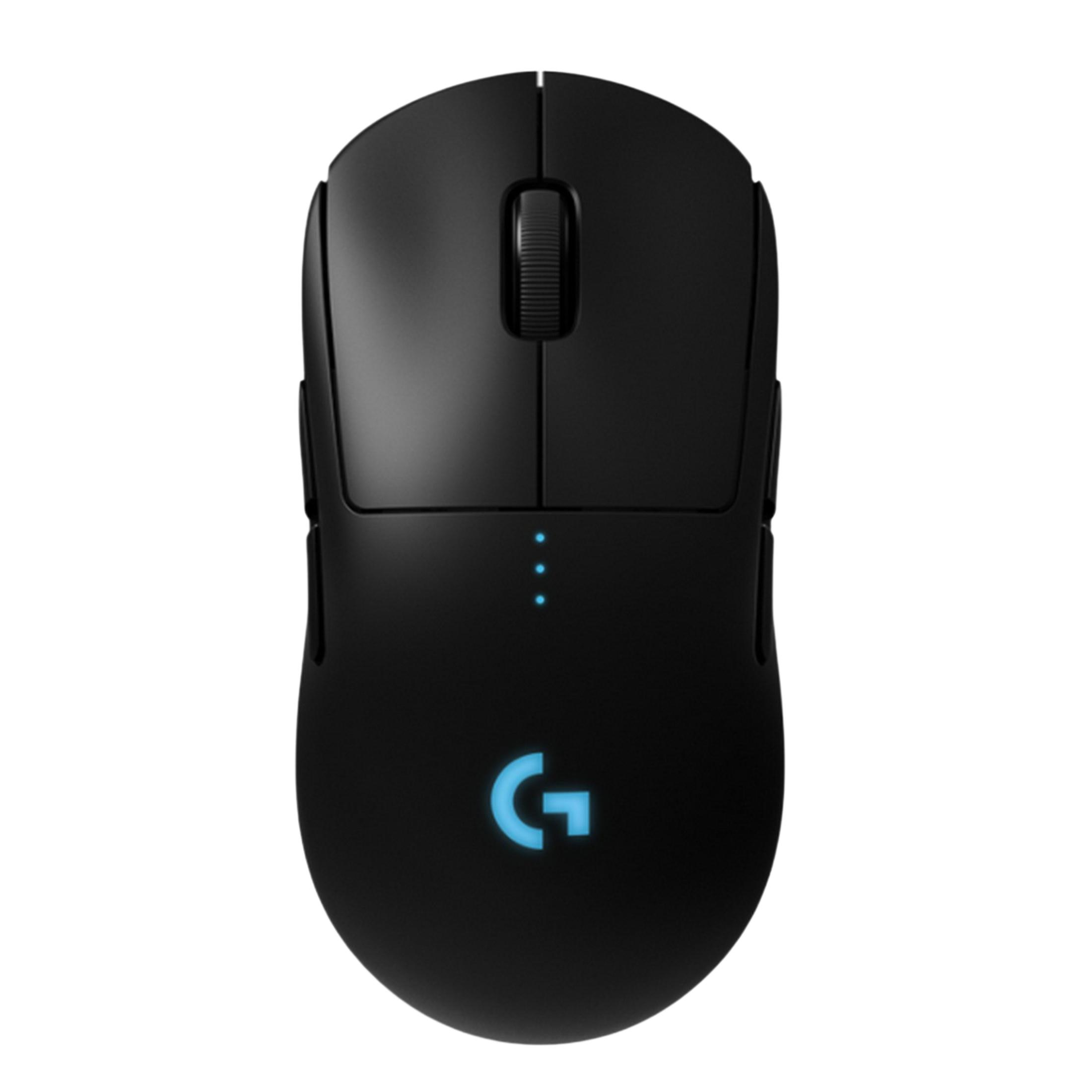 Schwarze kabellose Gaming-Maus mit blauem G-Logo und drei blauen Ladeanzeigen.