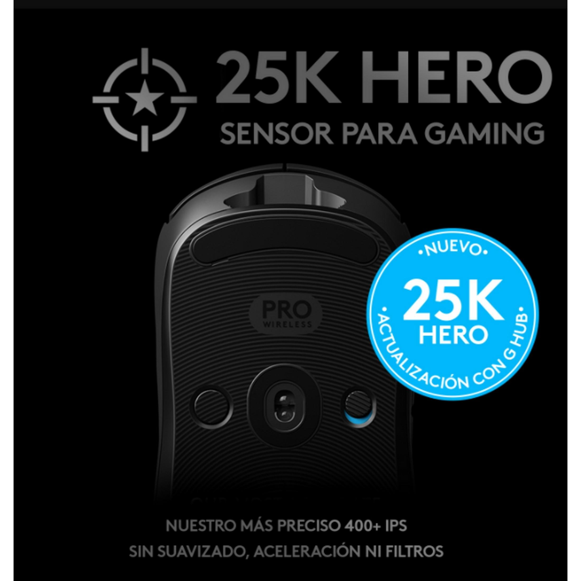 Schwarze Gaming-Maus mit 25K HERO Sensor und Text.