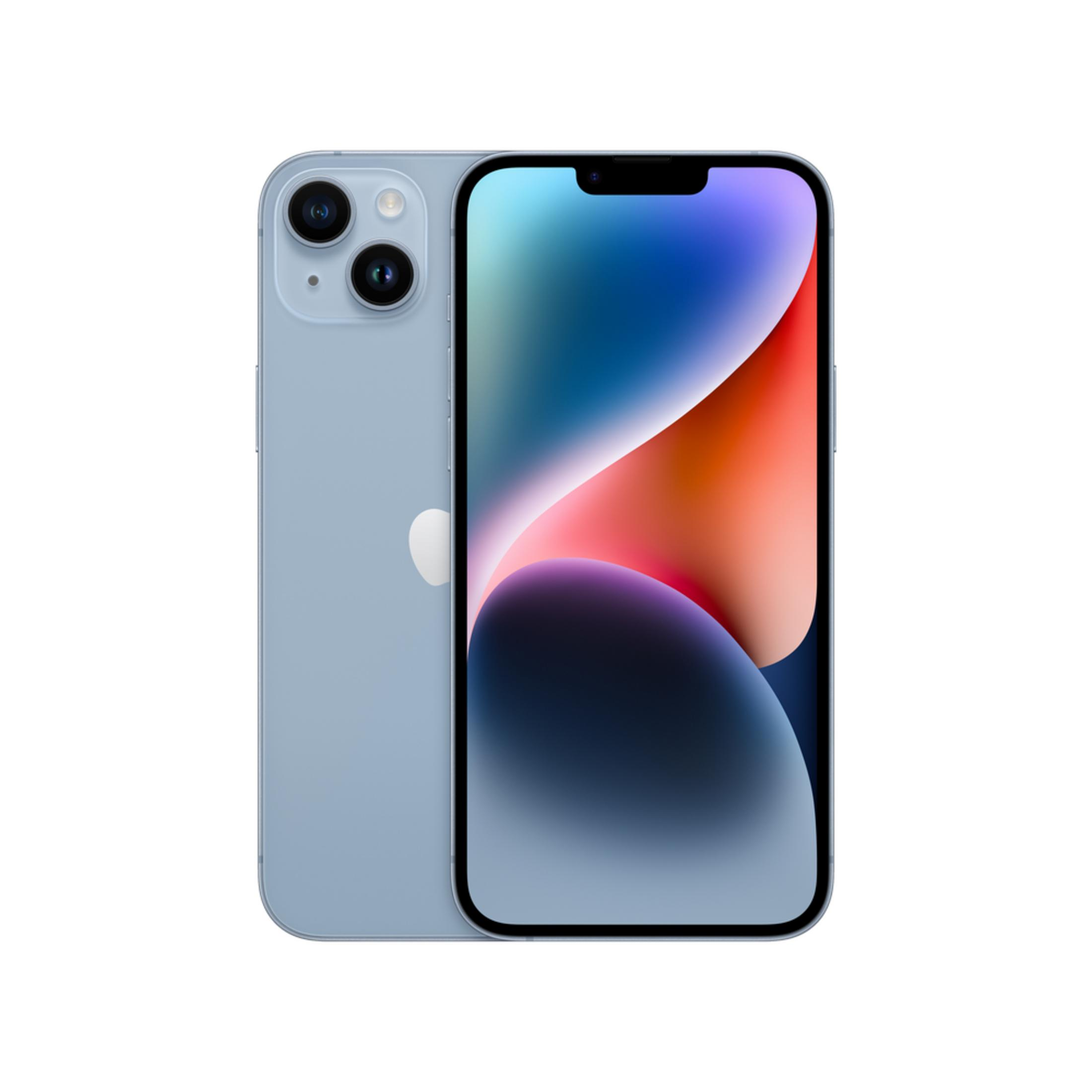 Un iPhone 14 blu chiaro con due fotocamere sul retro.