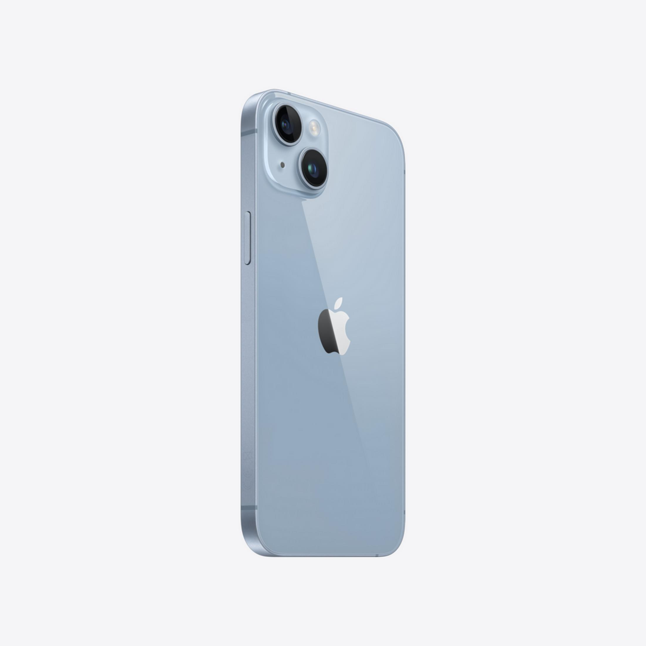 Un iPhone 14 blu con due fotocamere sul retro.