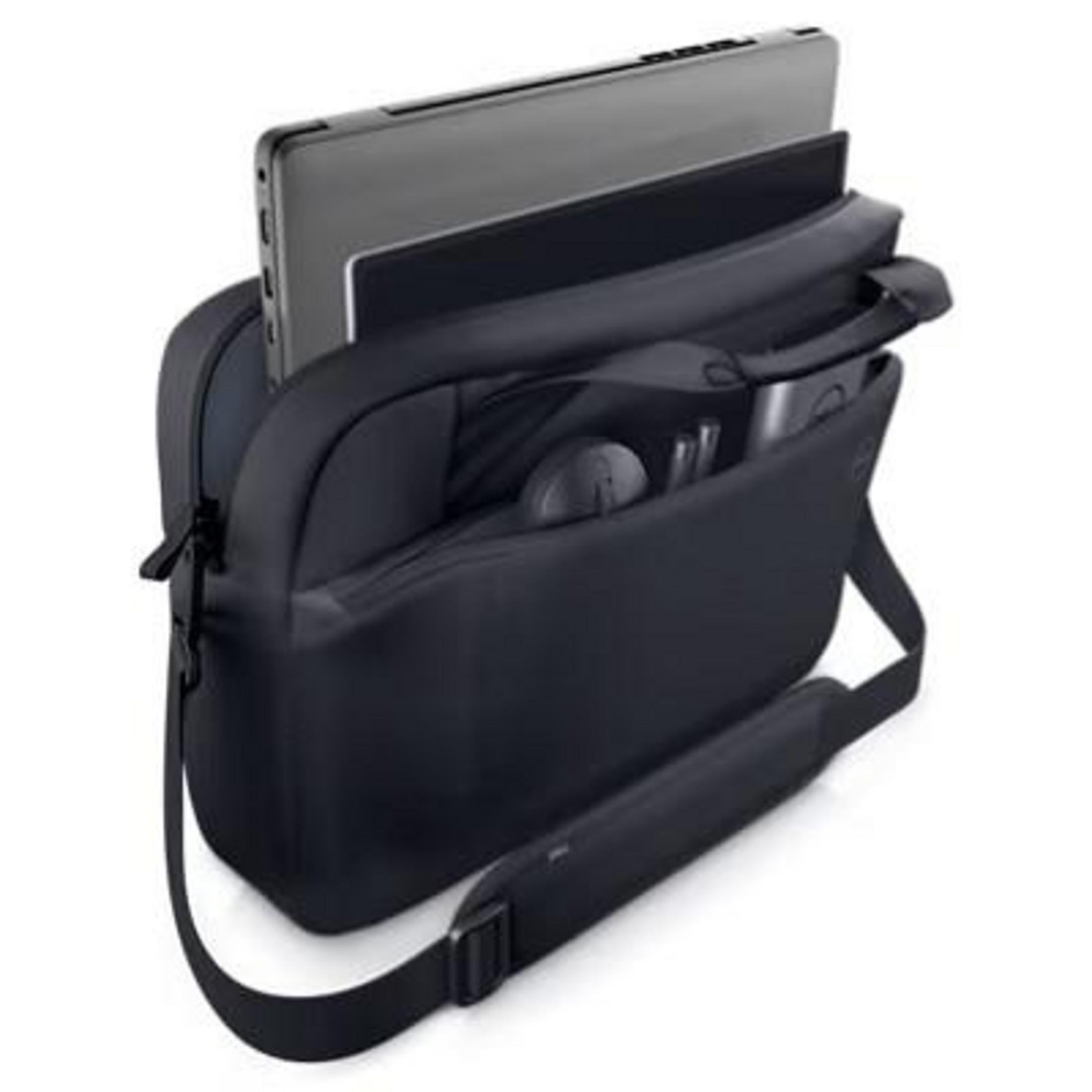 Borsa nera per laptop con laptop e accessori. Tracolla regolabile.