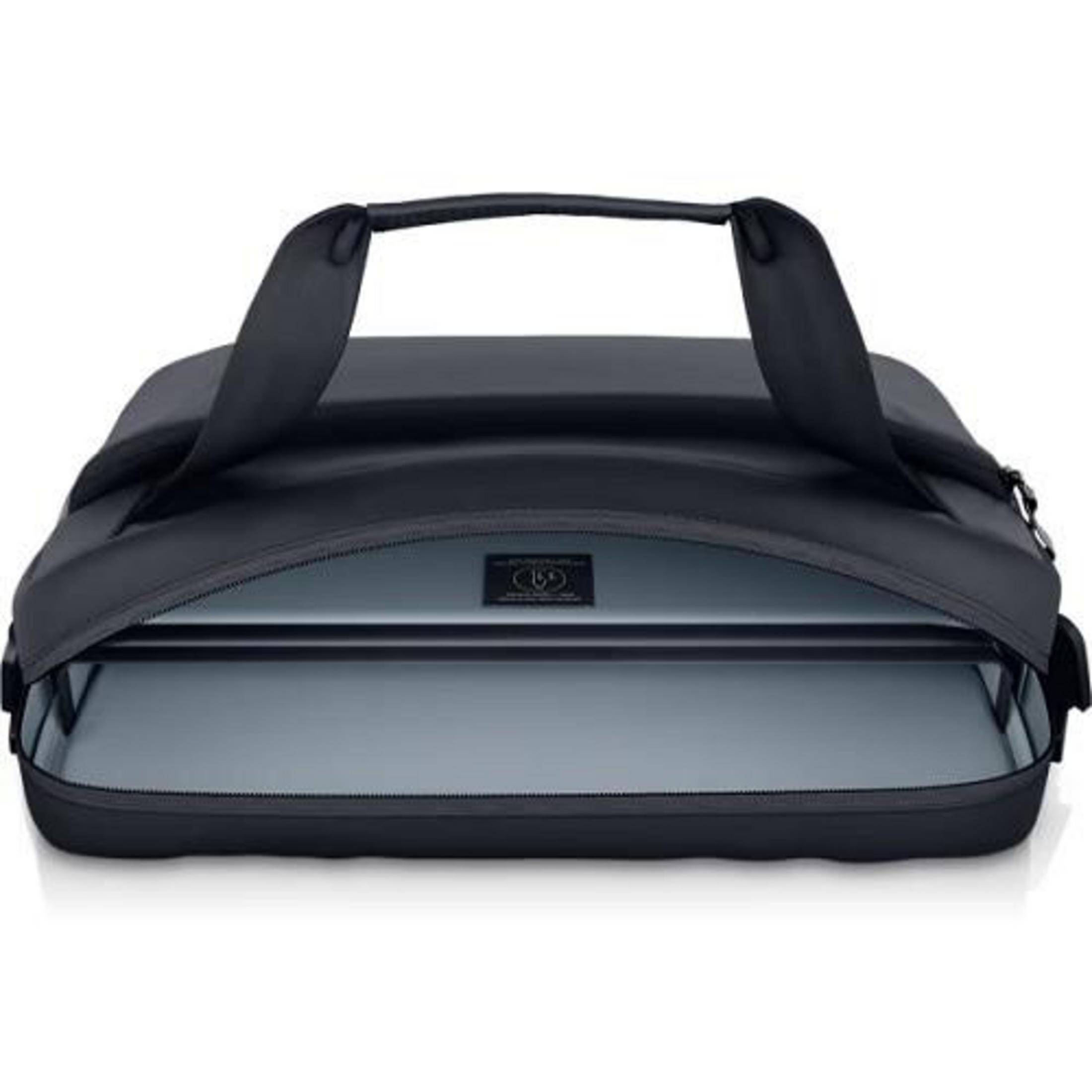 Borsa nera con cerniera aperta e manici.