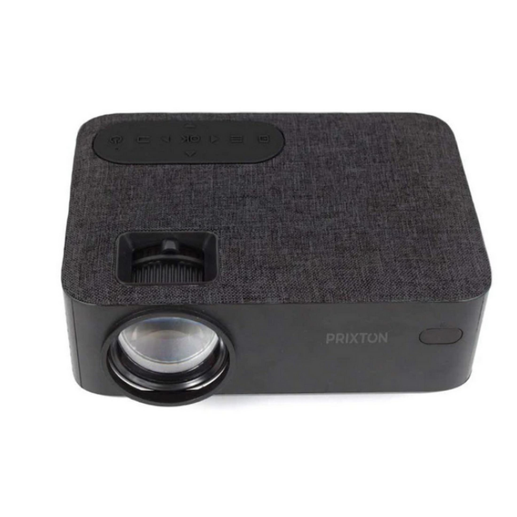 A compact, dark projector with a lens opening and control buttons.