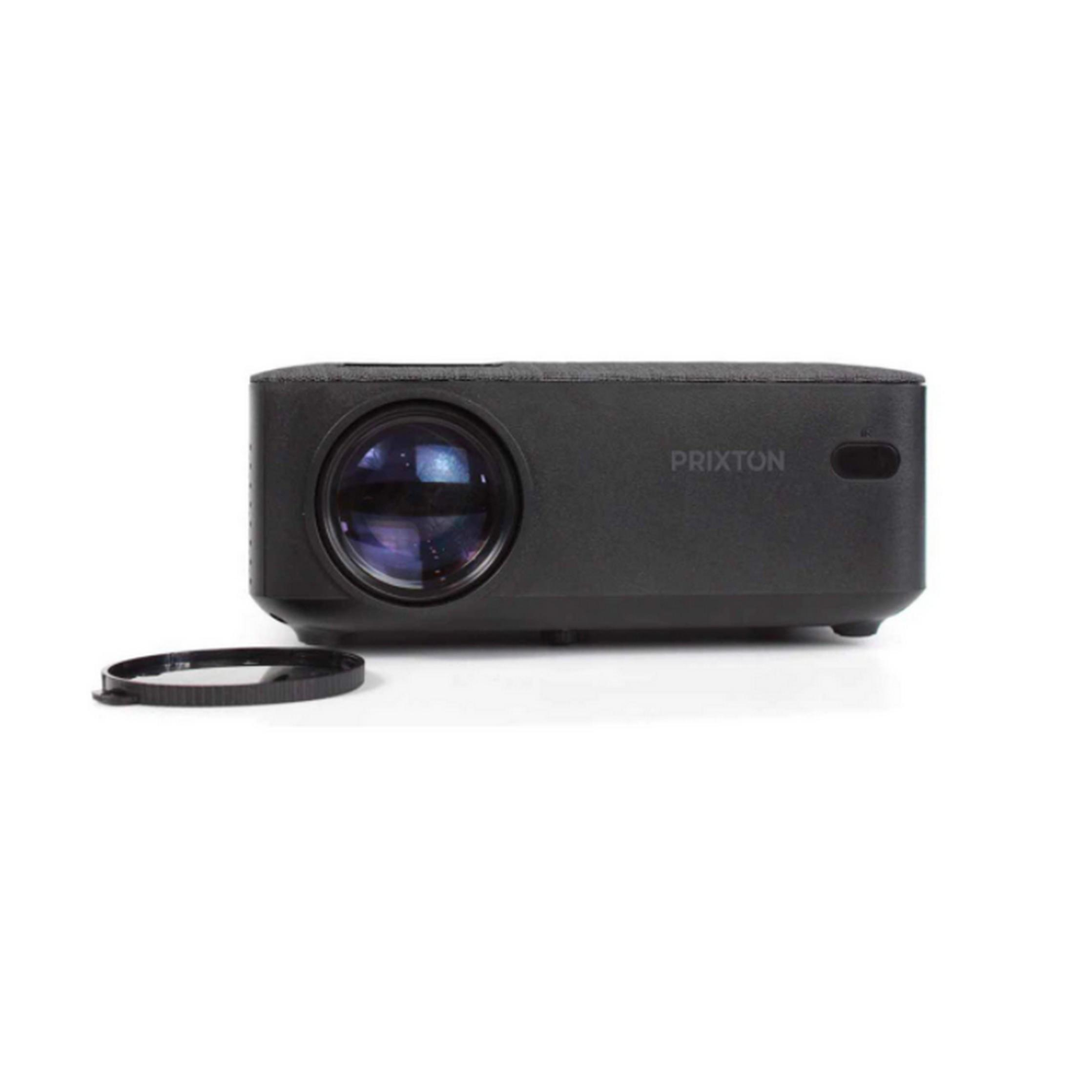 A black projector with its lens and lens cap beside it.