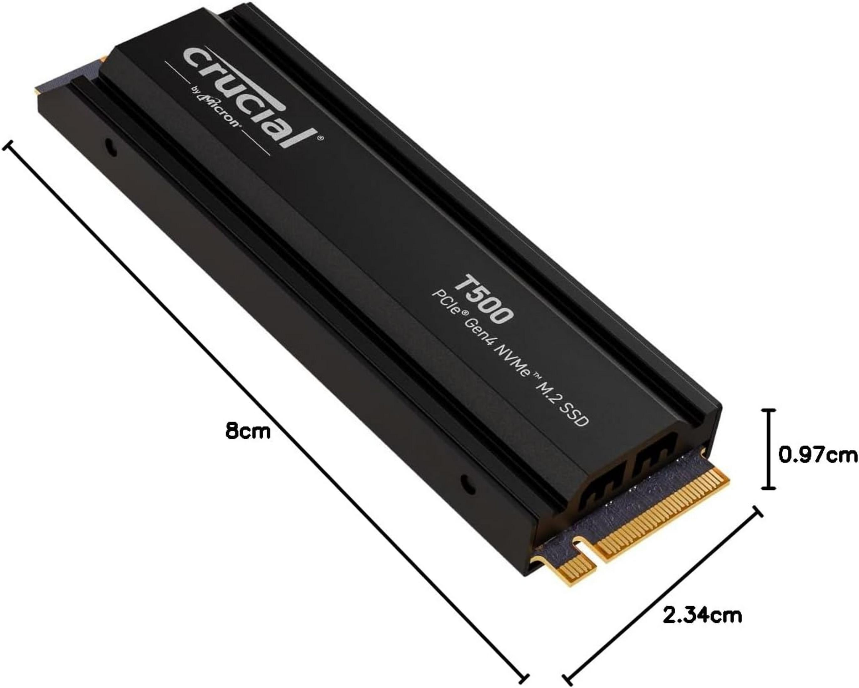 SSD M.2 Crucial T500 nera con dissipatore, misura 8x2.34x0.97cm.