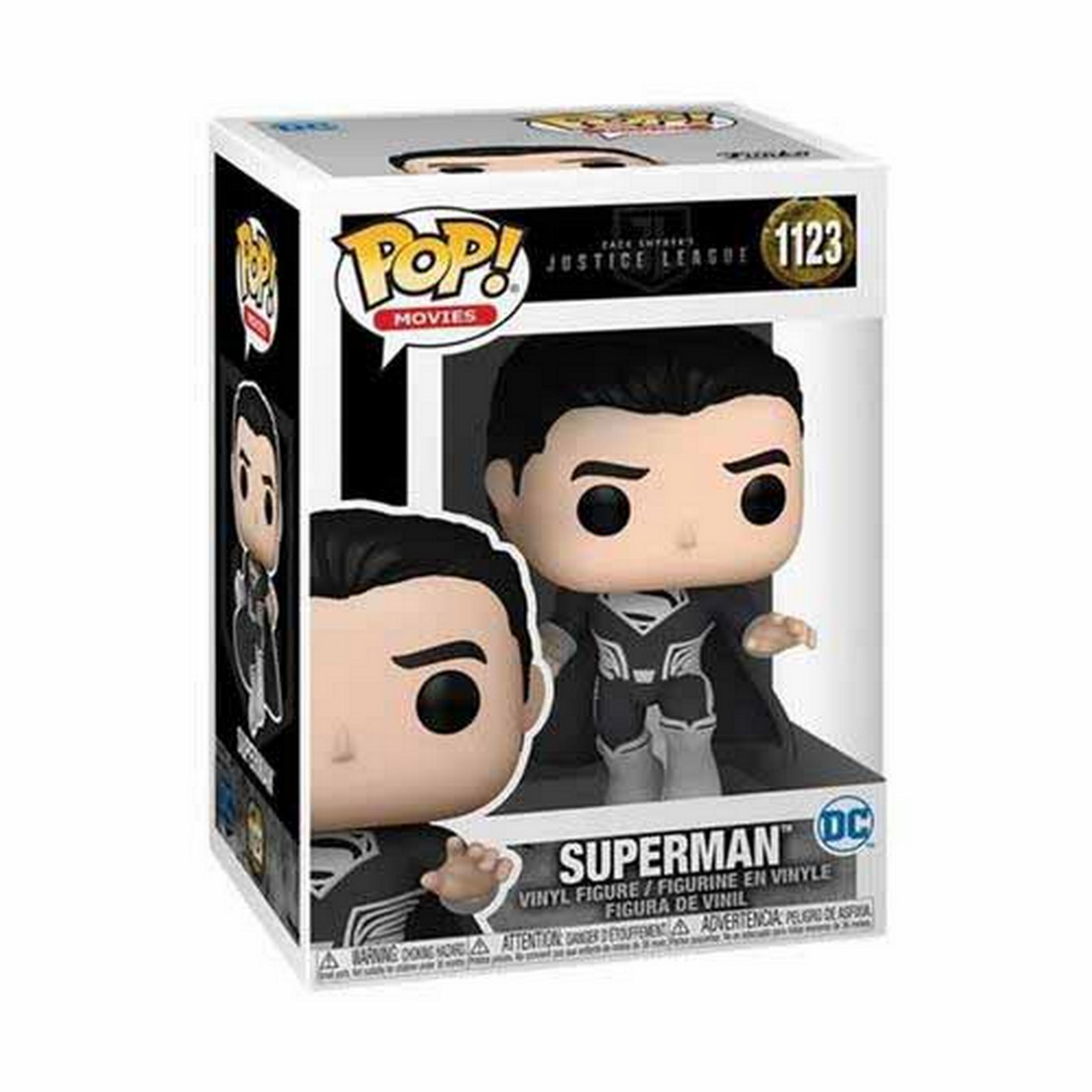 Funko Pop Vinyl Figur von Superman aus Justice League in schwarzem Kostüm.