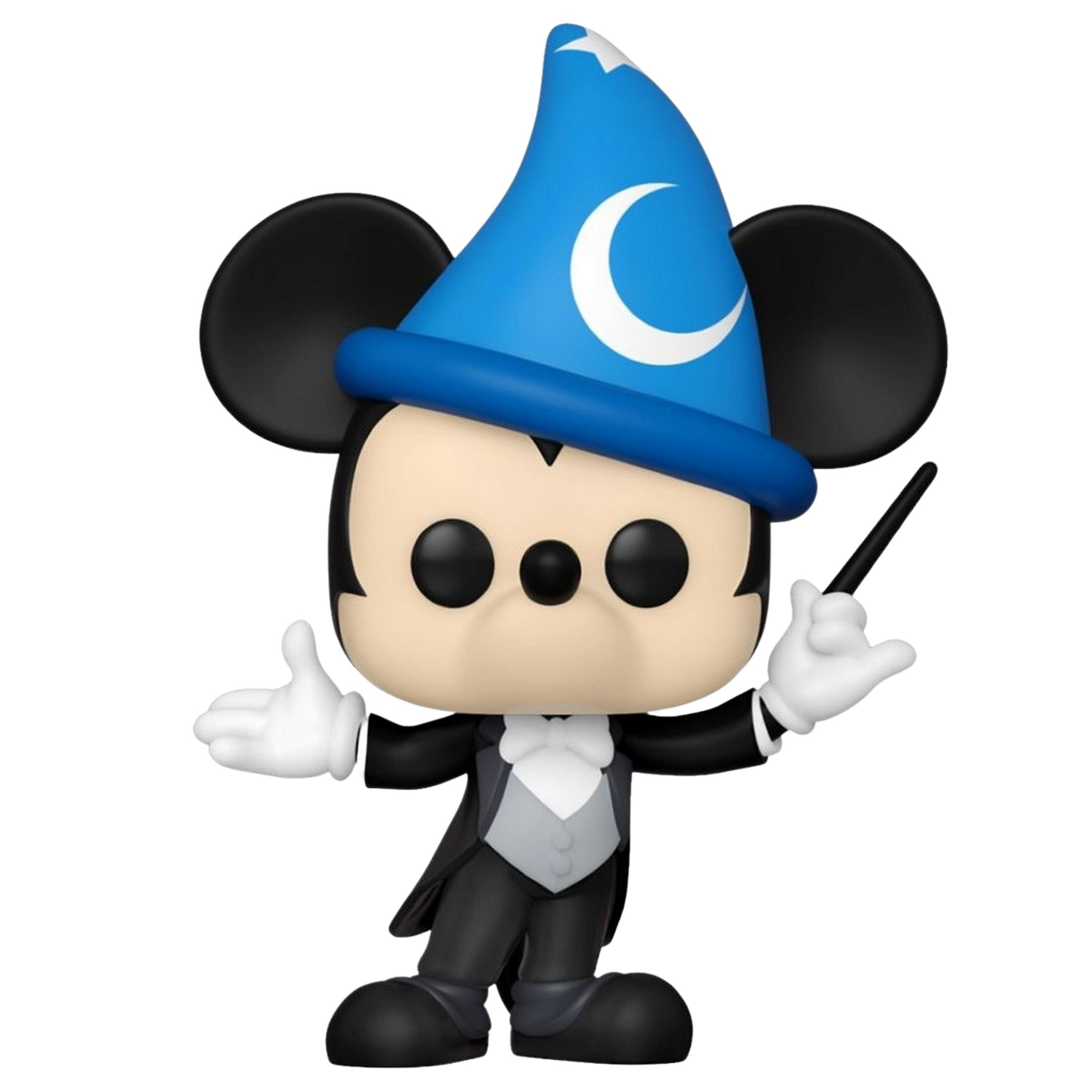 Topolino con cappello da mago e smoking tiene una bacchetta.