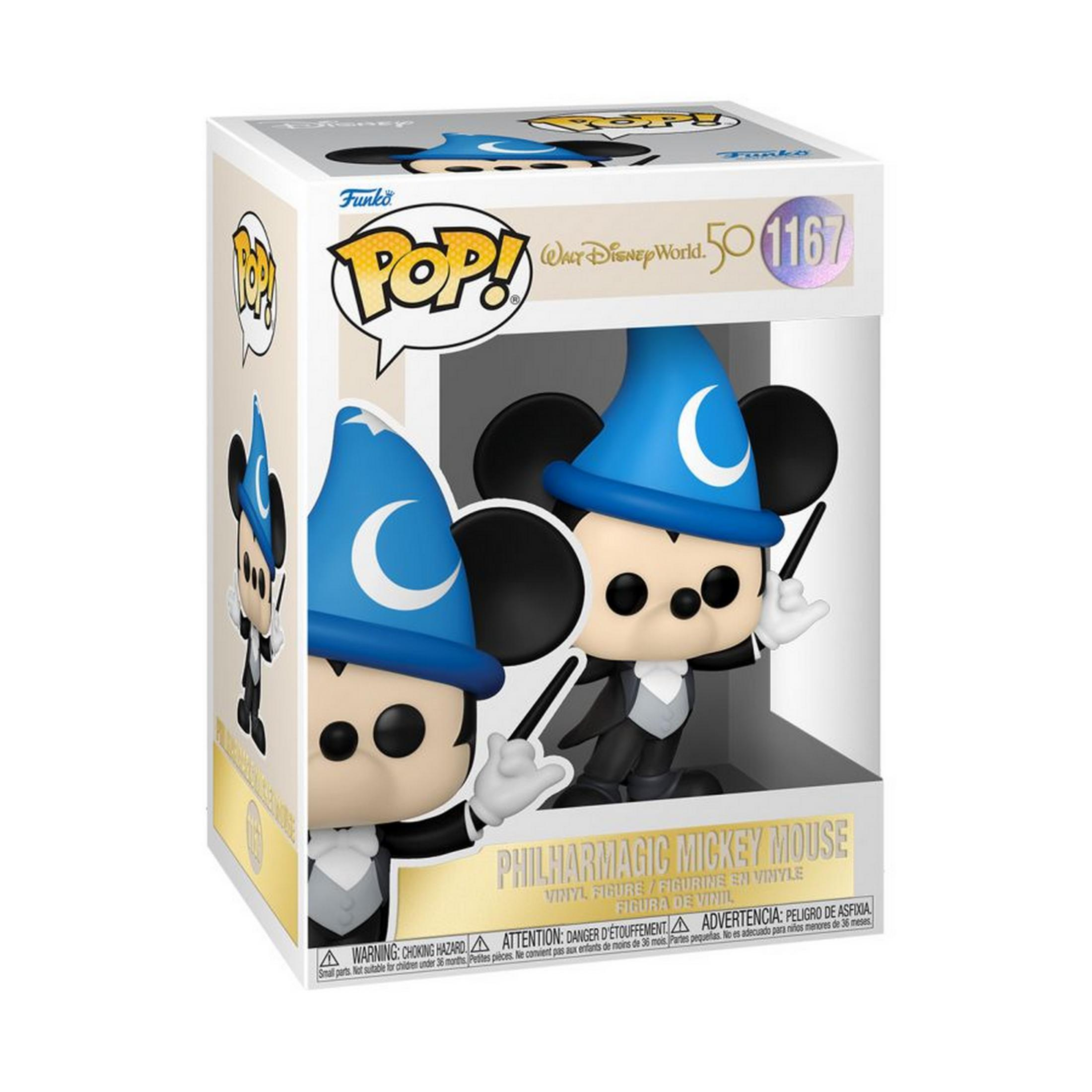Action figure Funko Pop! in vinile di Philharmagic Mickey Mouse nella sua scatola.