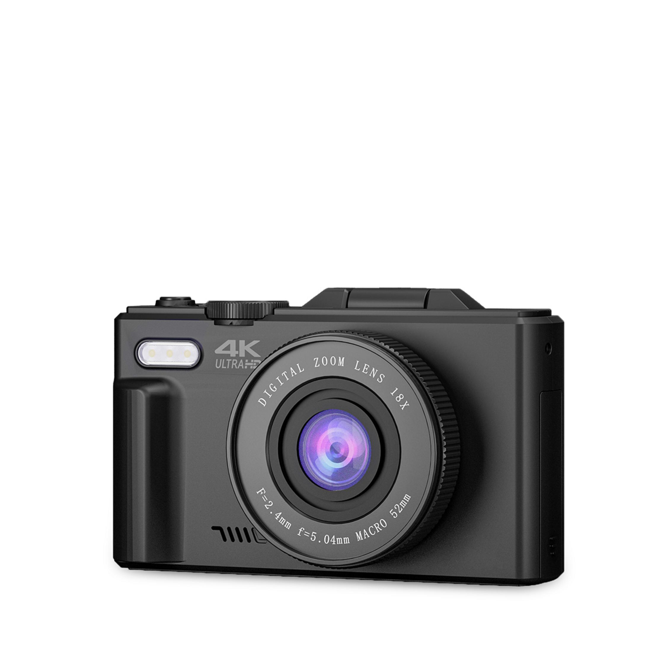 Fotocamera digitale nera 4K Ultra HD con zoom digitale 18x e obiettivo macro.