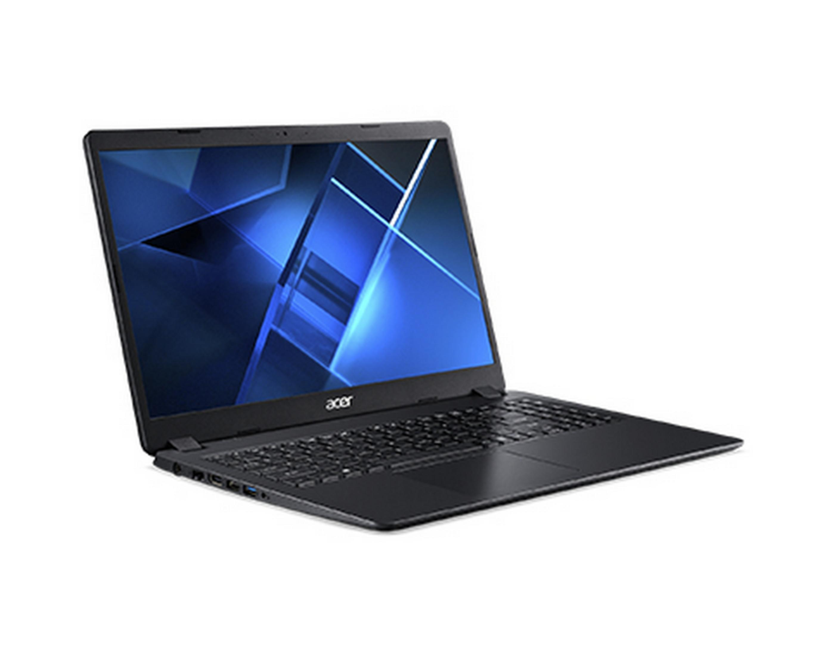 Portátil Acer negro con fondo de pantalla azul, sobre fondo blanco.