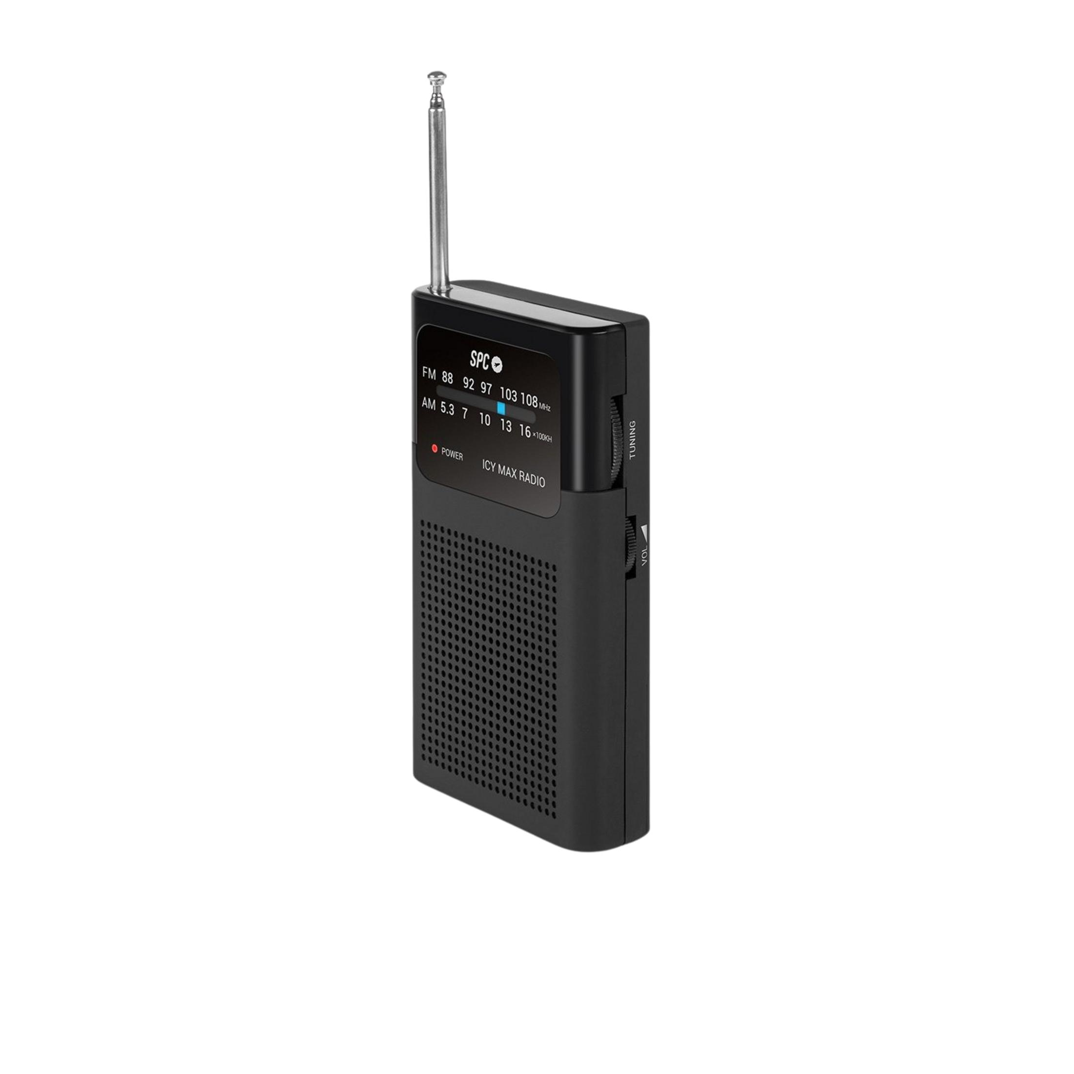 Una radio portatile nera con antenna, griglia dell'altoparlante e controlli.