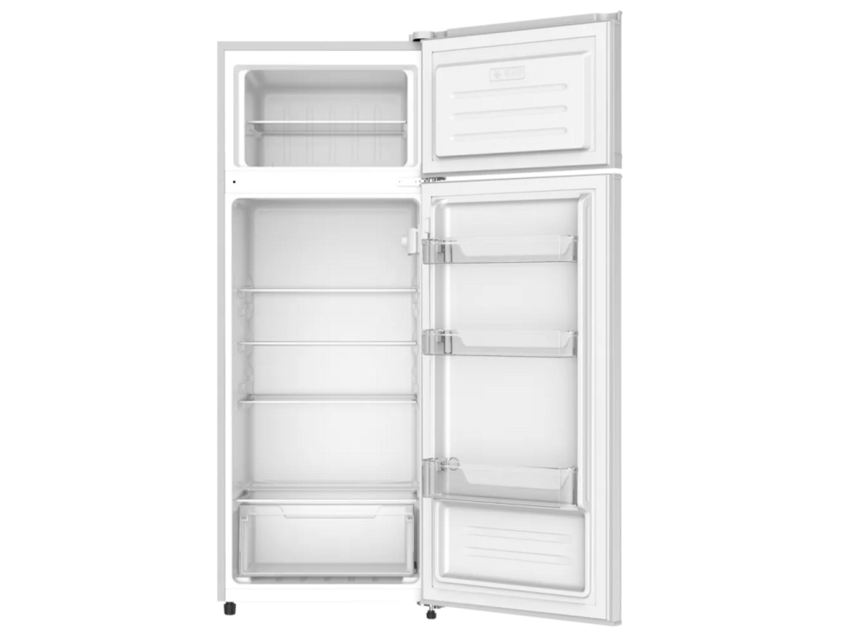 Un refrigerador blanco con la puerta superior del congelador y la inferior abiertas.