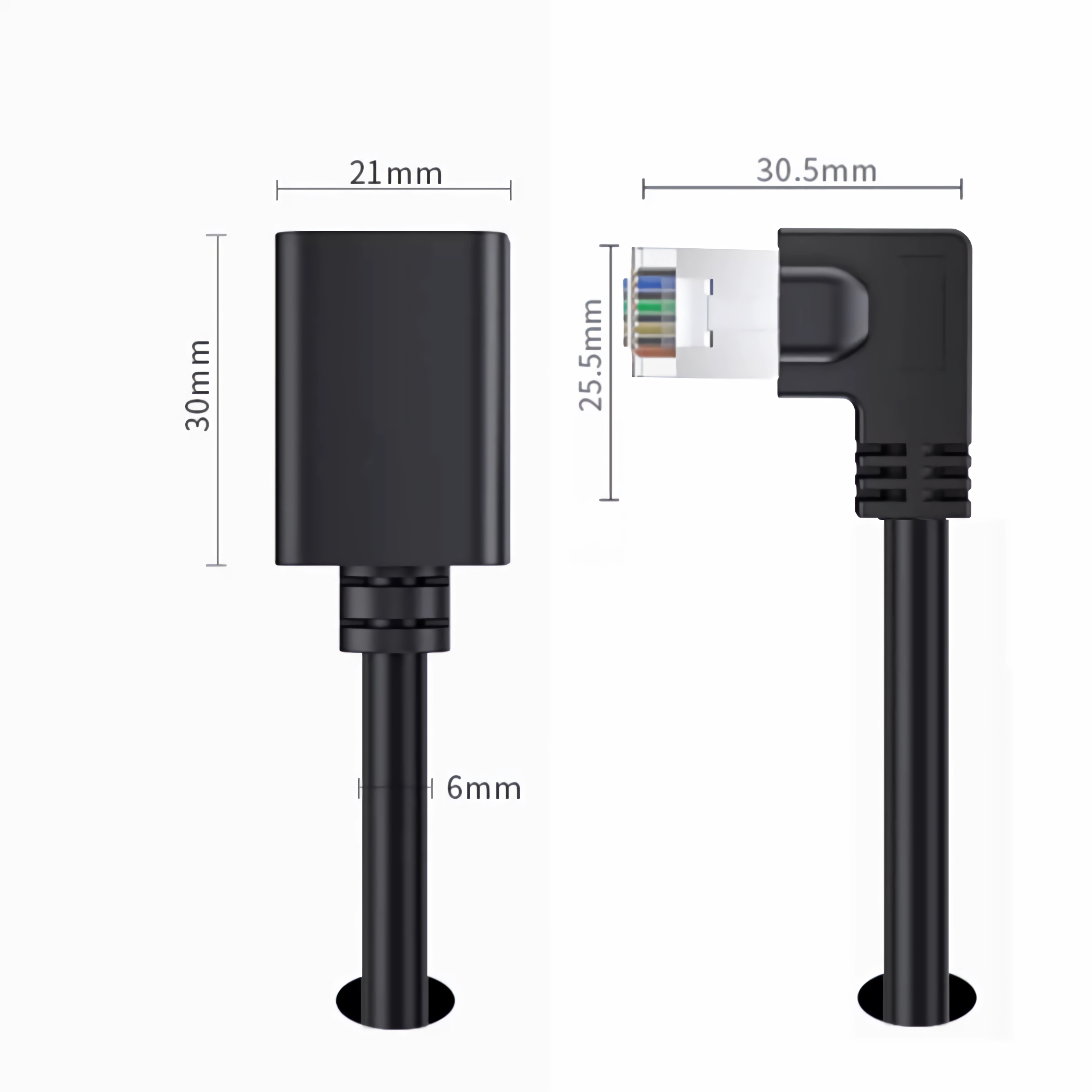 Schwarzes Kabel mit RJ45-Stecker, Maße angegeben.