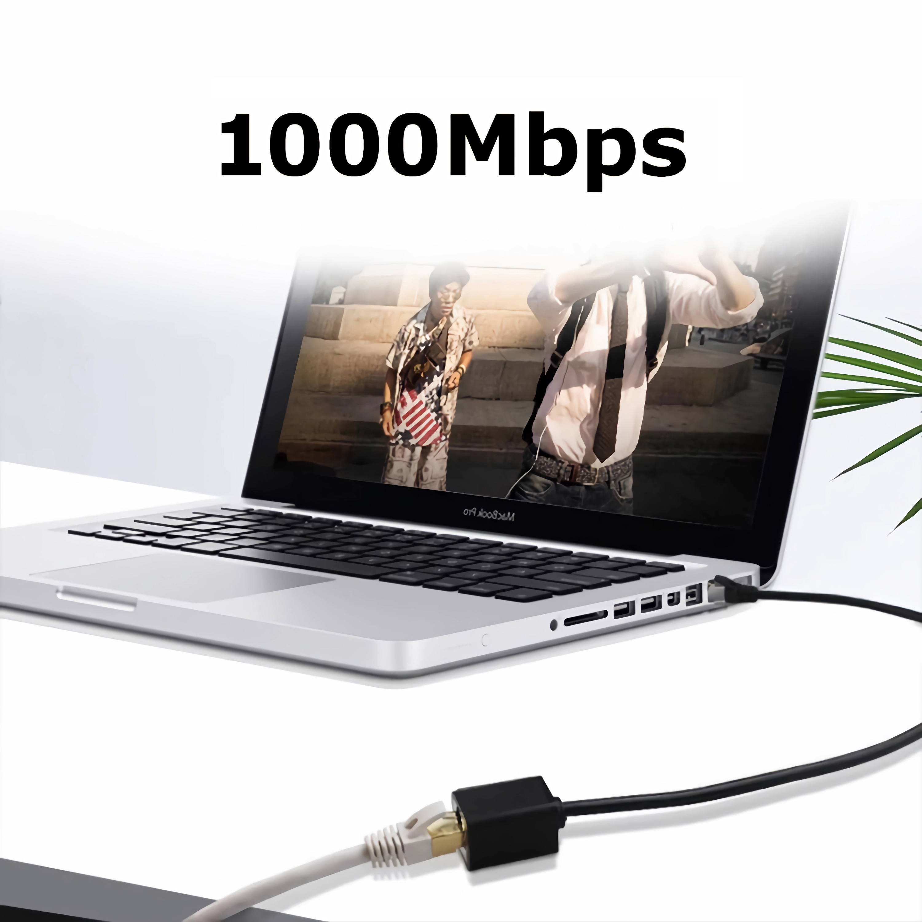 Ein Laptop mit einem Ethernet-Kabel, das angeschlossen ist, und der Text "1000Mbps".