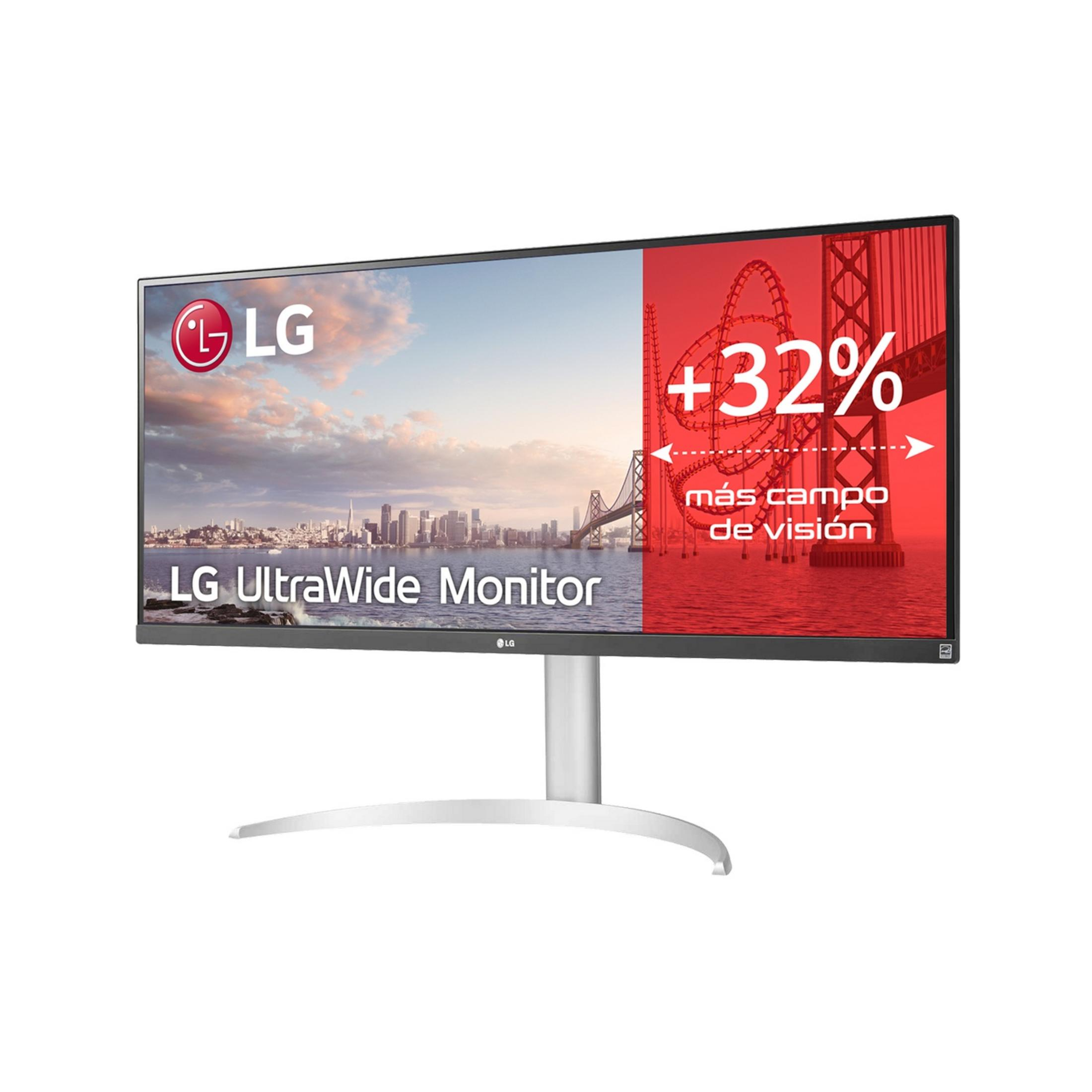 Un monitor LG UltraWide muestra un horizonte urbano y puente, con un gráfico rojo.