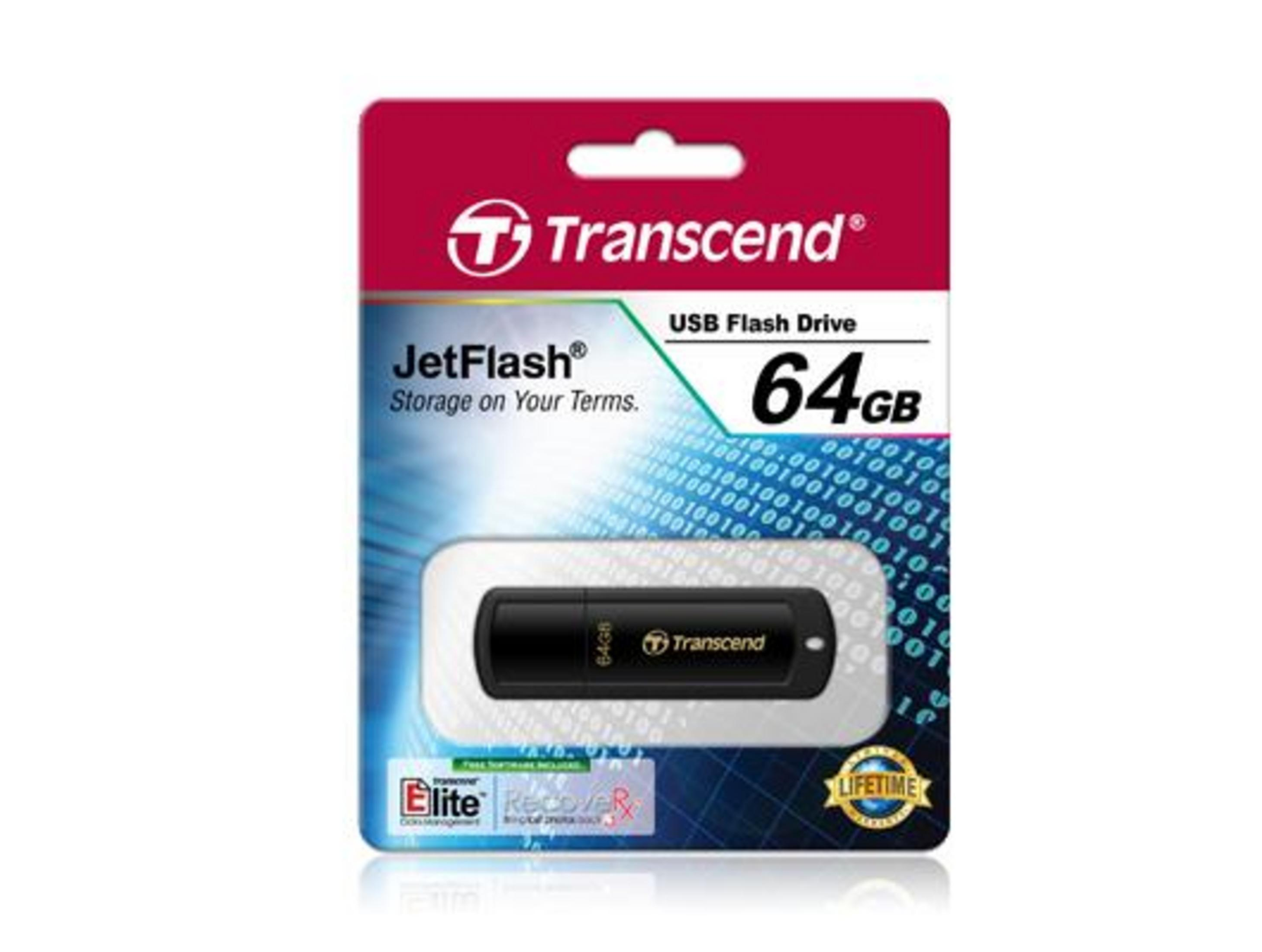 Chiavetta USB Transcend JetFlash da 64GB in confezione con design a codice binario.
