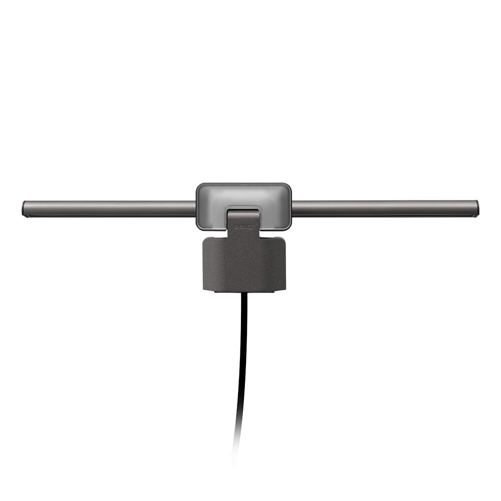 Ein grauer Monitorlichtbalken mit schwarzem Kabel auf weißem Hintergrund.