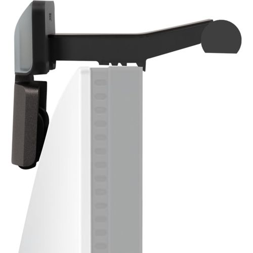 Ein schwarzer Halter mit einem grauen Klemmteil, das an einem weißen Gerät befestigt ist.