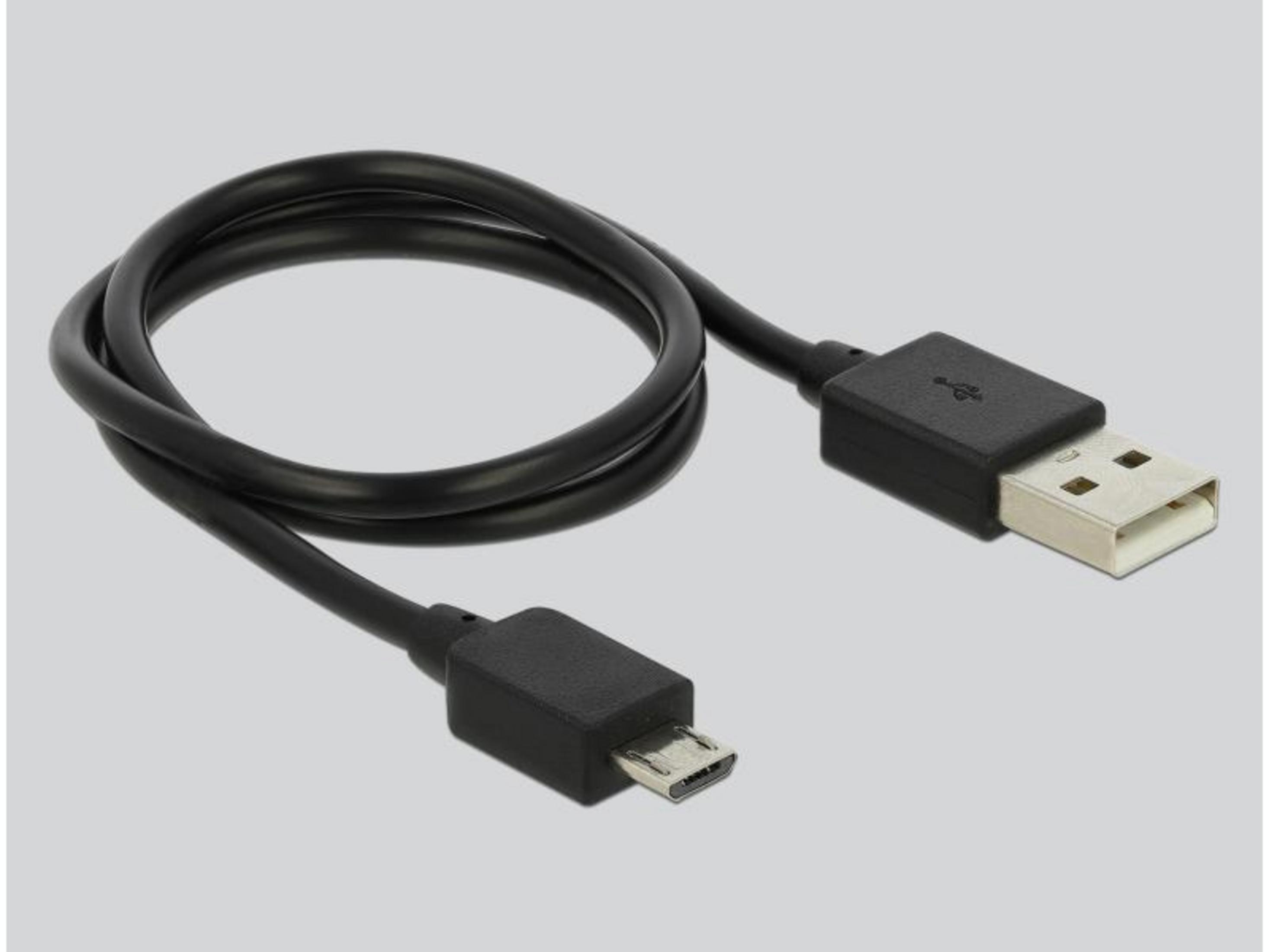Ein schwarzes USB-Kabel mit einem Standard-USB-A-Anschluss und einem Micro-USB-Anschluss.