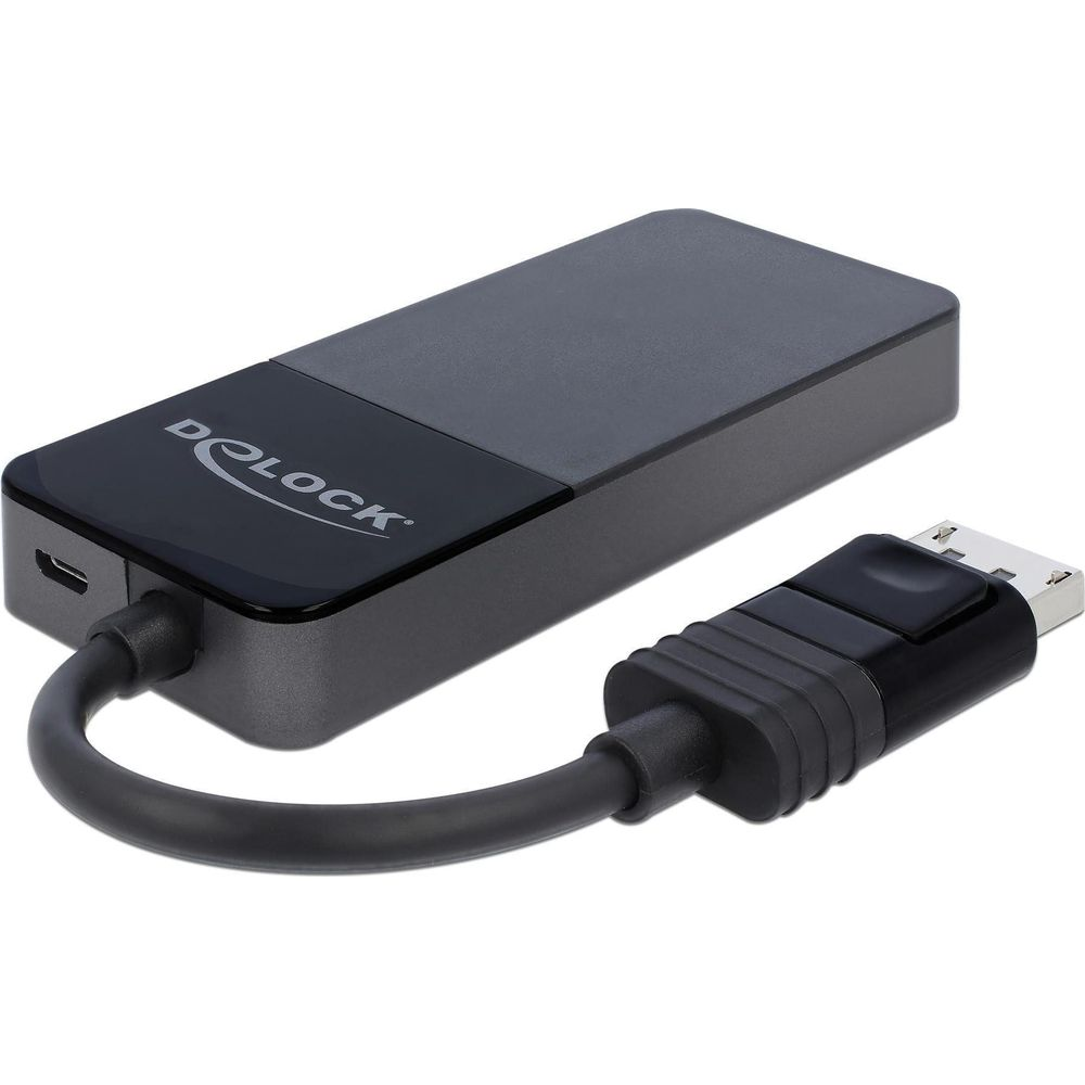 Grauer DELOCK Adapter mit schwarzem Kabel und USB-Stecker auf weißem Hintergrund.