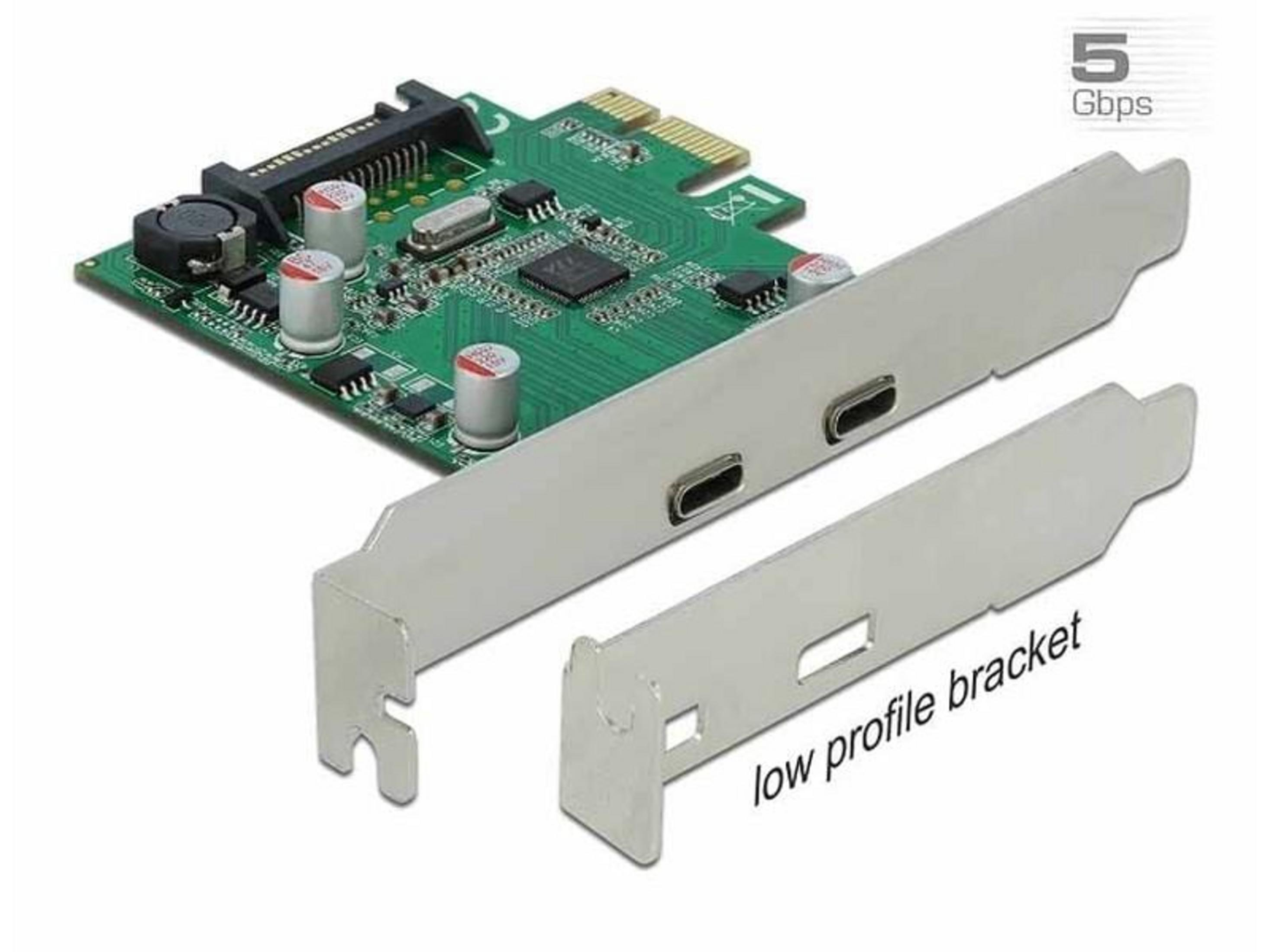 Grüne Platine mit USB-C-Anschlüssen und niedrigem Halteblech. 5 Gbit/s Geschwindigkeit.