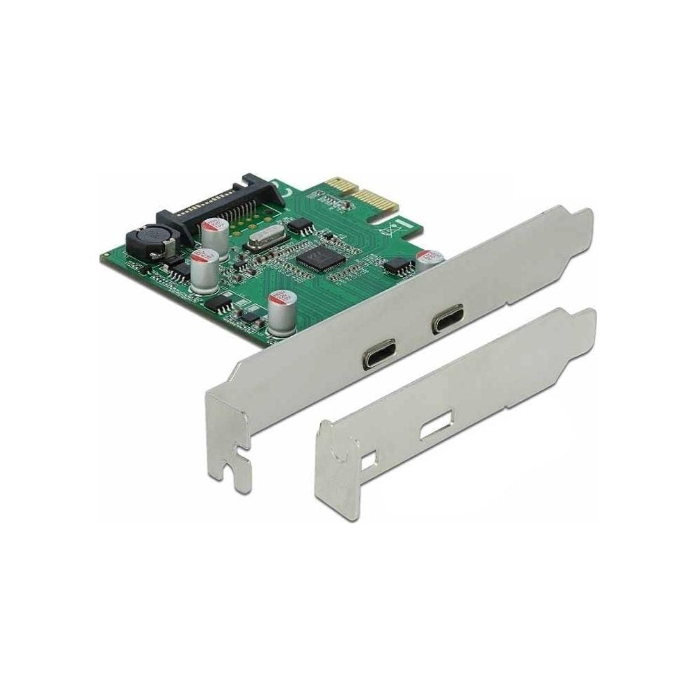 Eine grüne Platine mit silbernem Metallbügel und USB-C-Anschlüssen.