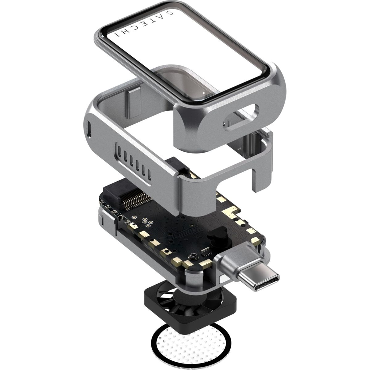 Vue éclatée d'un appareil Satechi montrant circuit imprimé, ventilateur et USB-C.