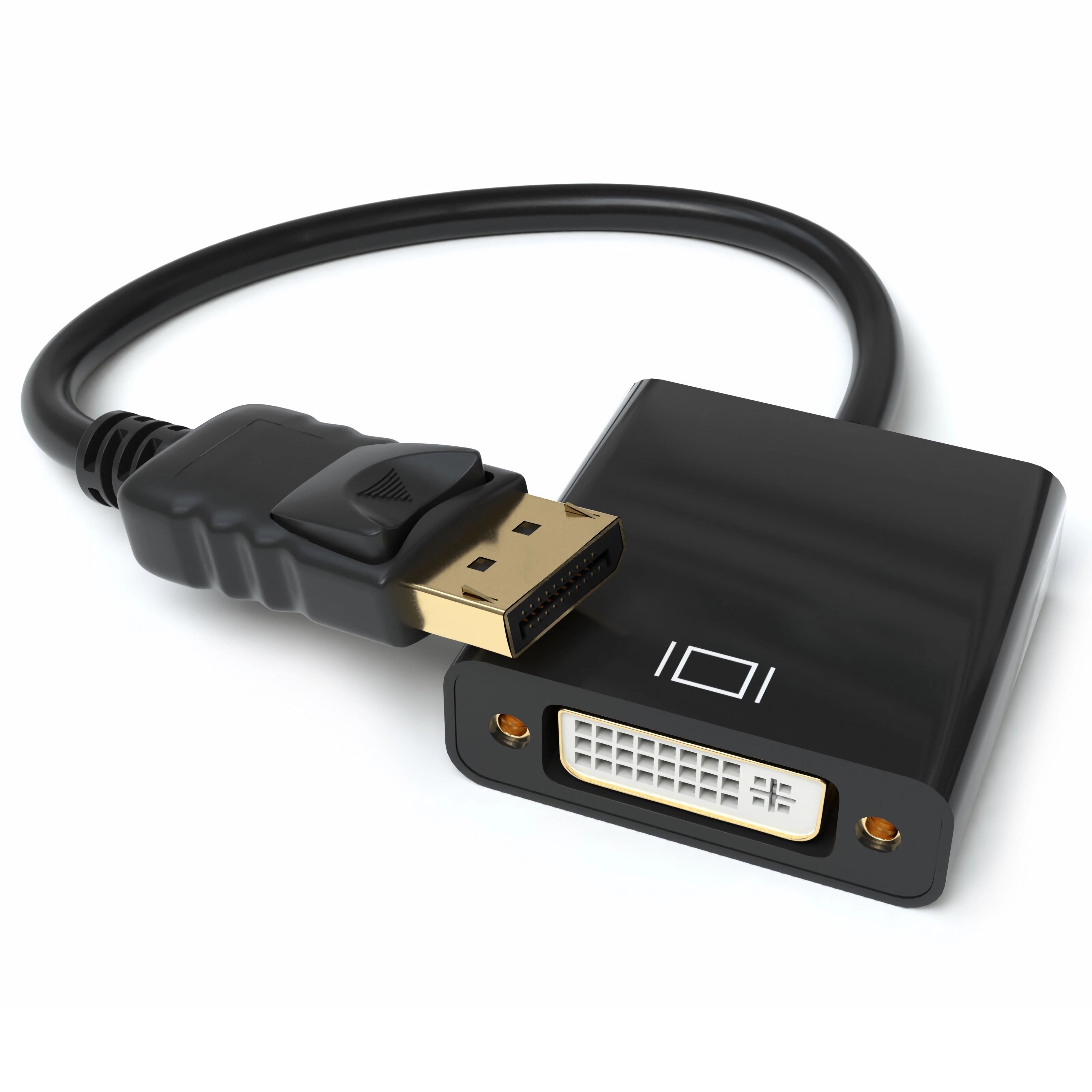 Ein schwarzer DisplayPort-zu-DVI-Adapterkabel mit goldenen Anschlüssen auf weißem Hintergrund.