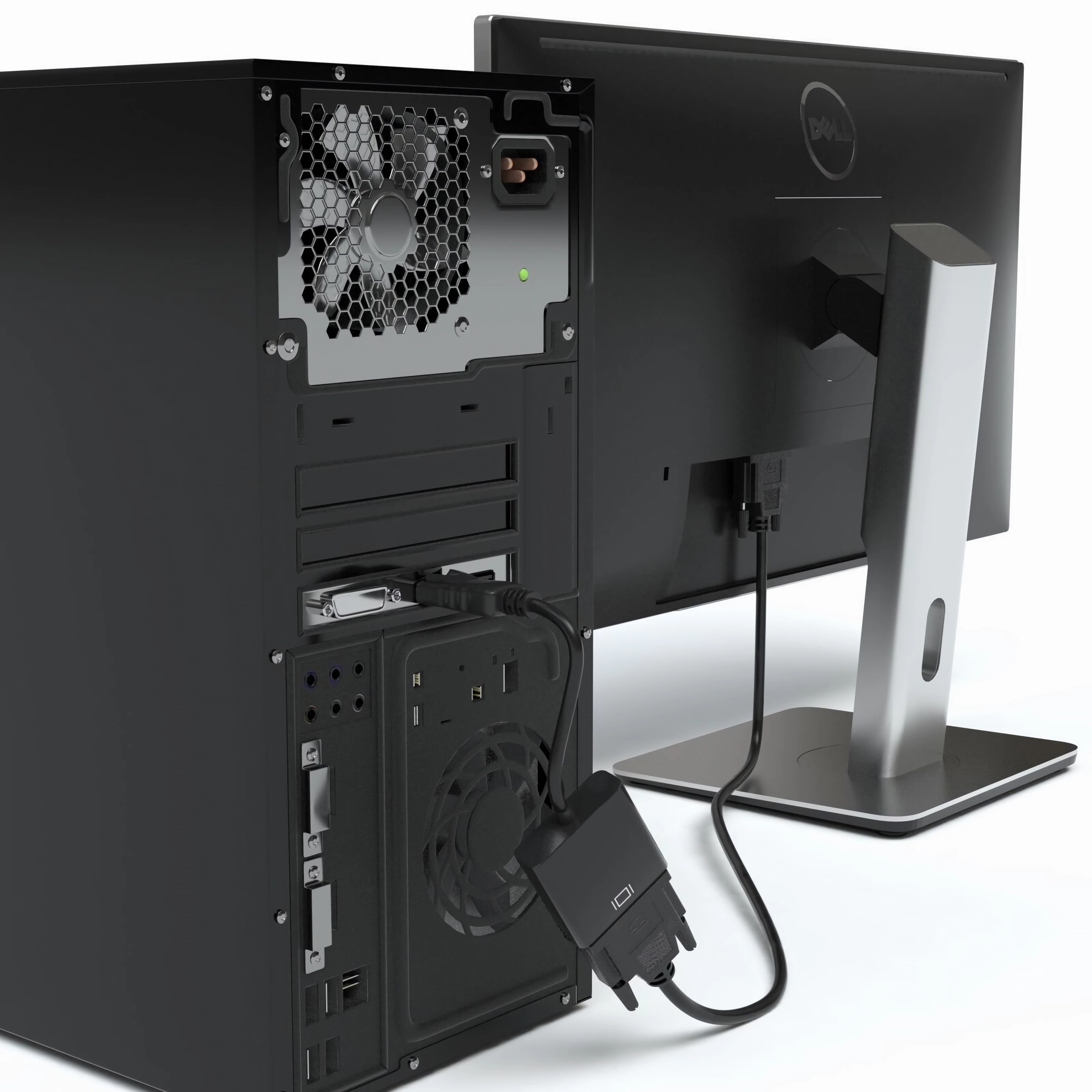 Rückseite eines schwarzen PCs mit angeschlossenem Dell-Monitor. Kabel verbinden die Geräte.