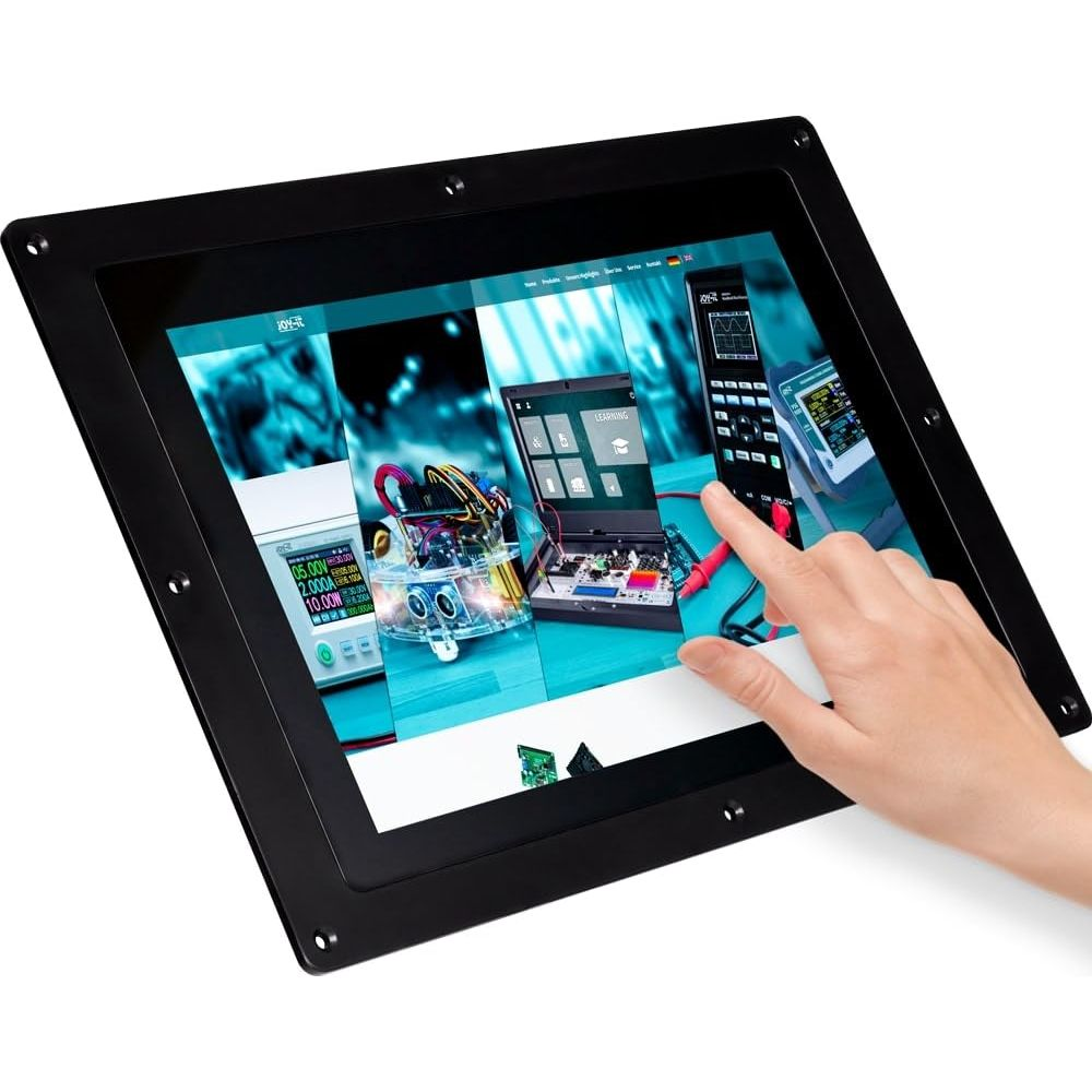 Ein Finger tippt auf einen Touchscreen, der verschiedene technische Geräte zeigt.