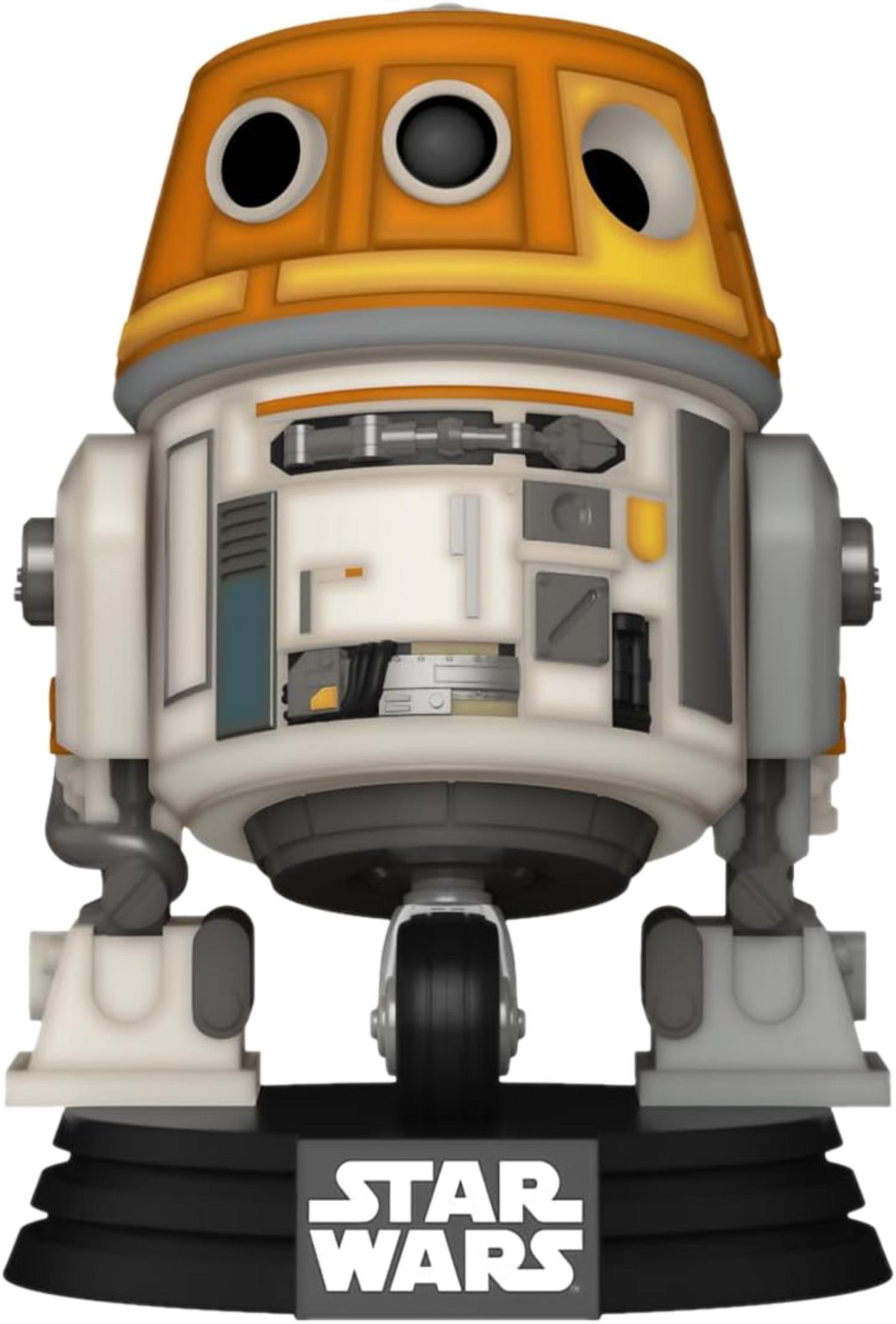 Un droide Star Wars blanco y naranja con mecánica interna expuesta, sobre una base negra.