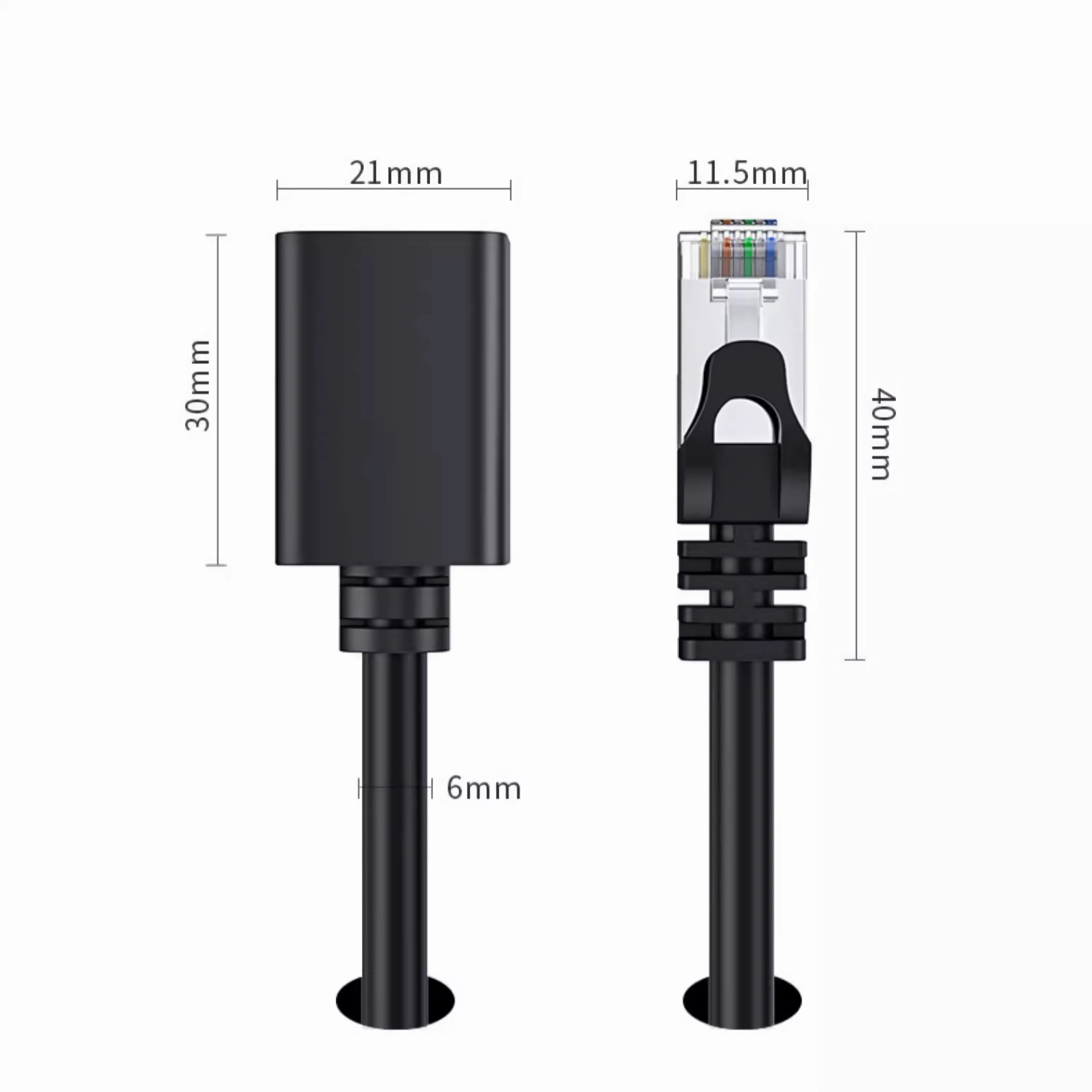 Zwei schwarze Kabeladapter mit Maßangaben auf weißem Hintergrund.