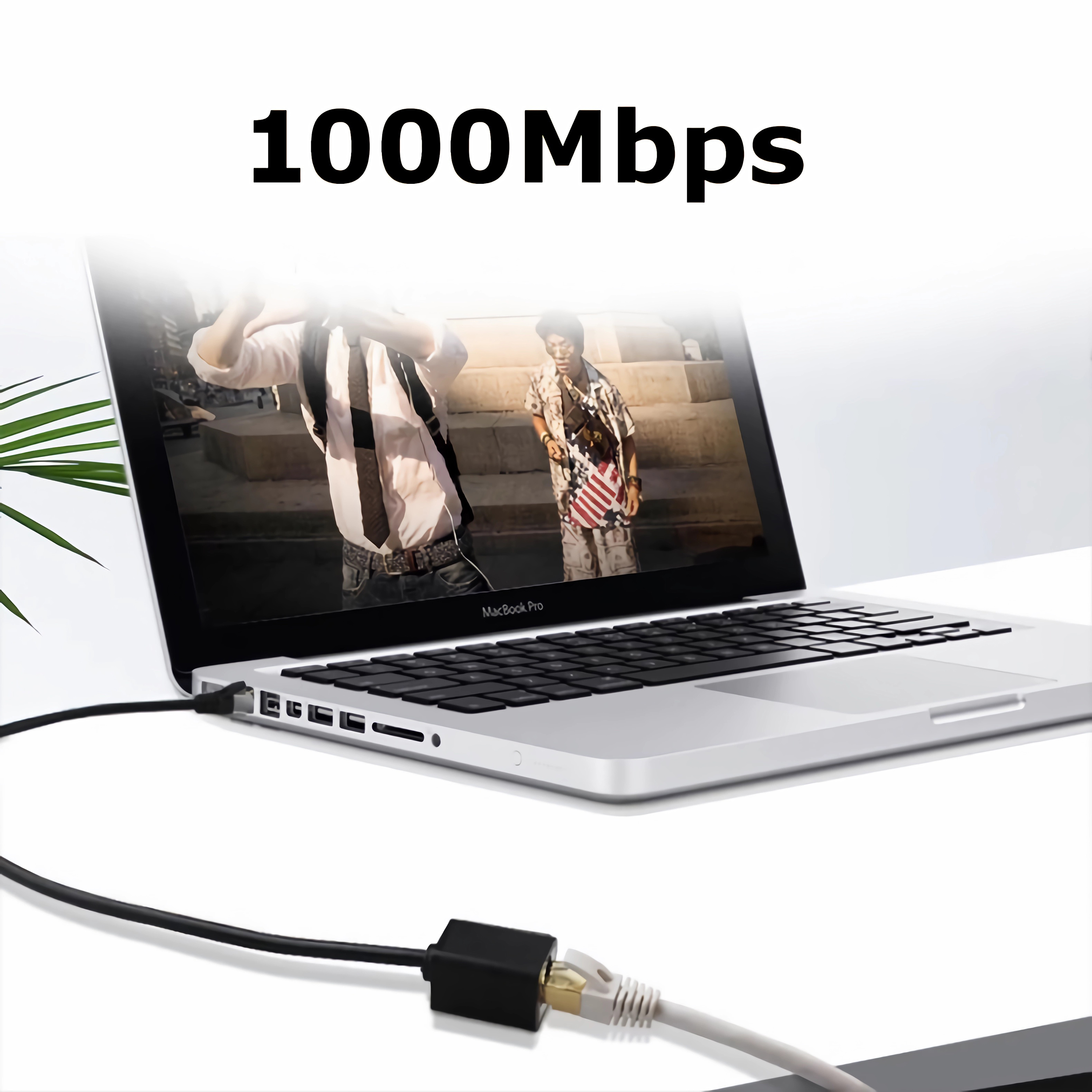 Laptop mit Ethernet-Kabel und "1000Mbps"-Schriftzug.