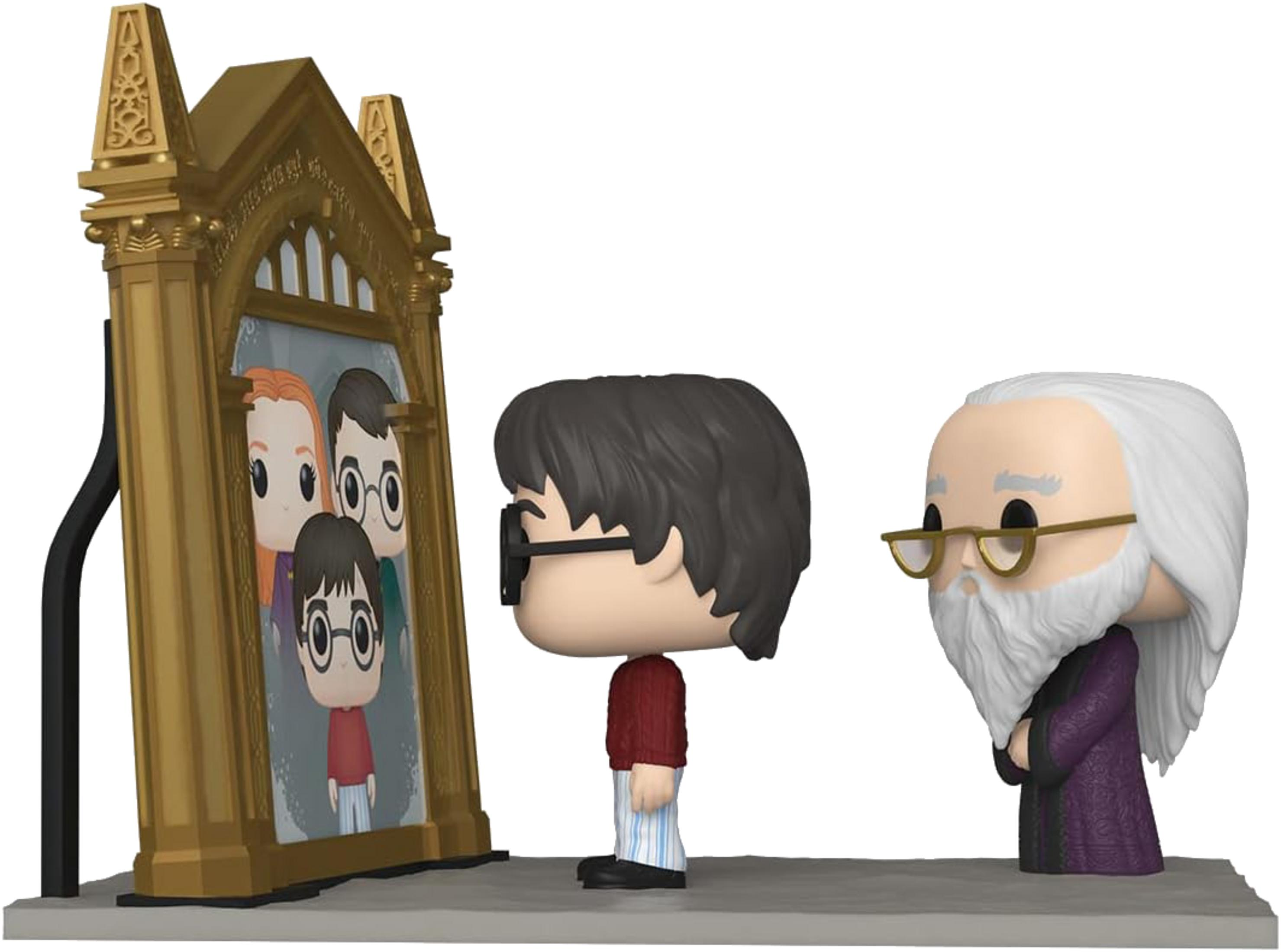 Harry Potter mira un espejo dorado, Dumbledore está a su lado.