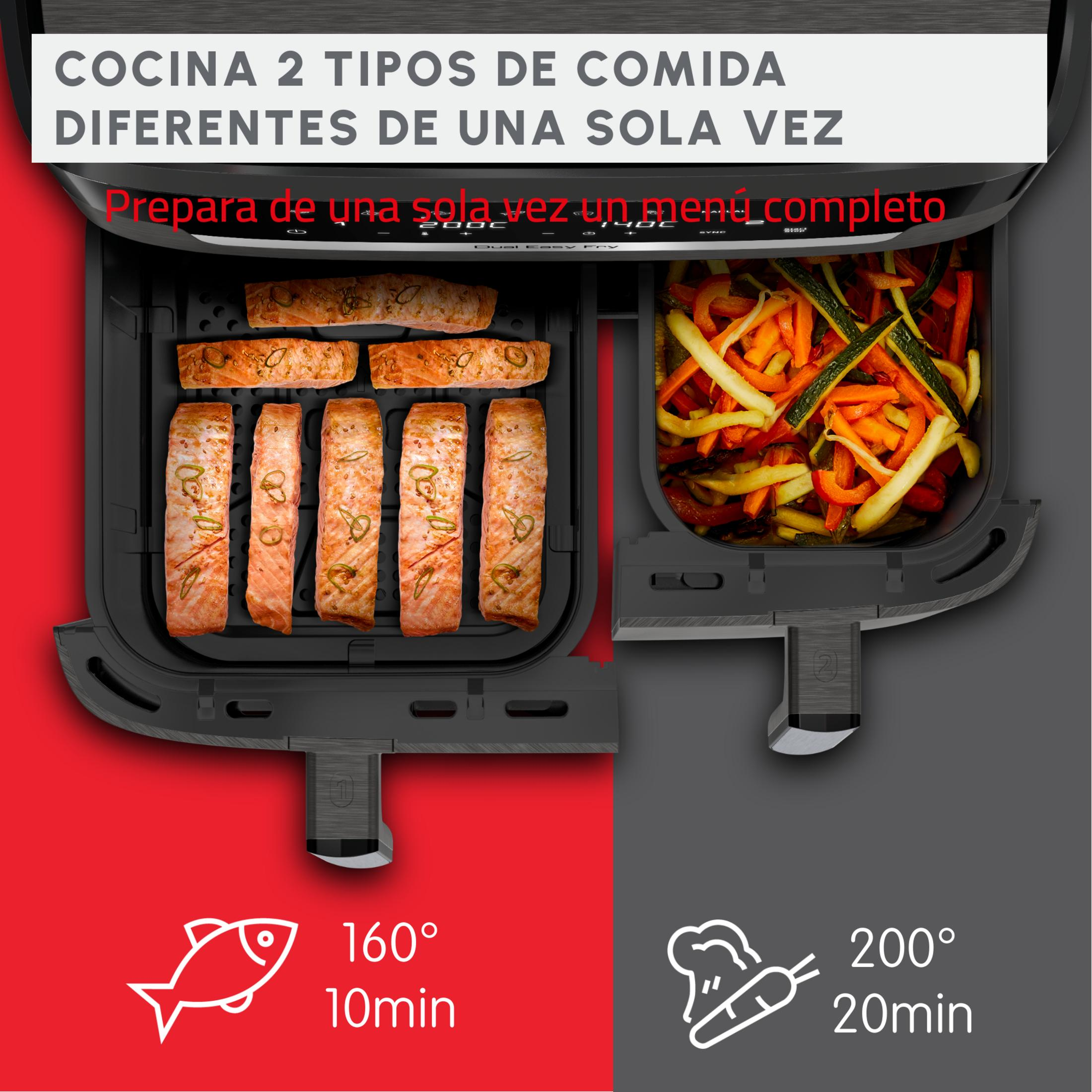 Doppelte Heißluftfritteuse mit Lachs und Gemüse, 160°C für 10 Min, 200°C für 20 Min.