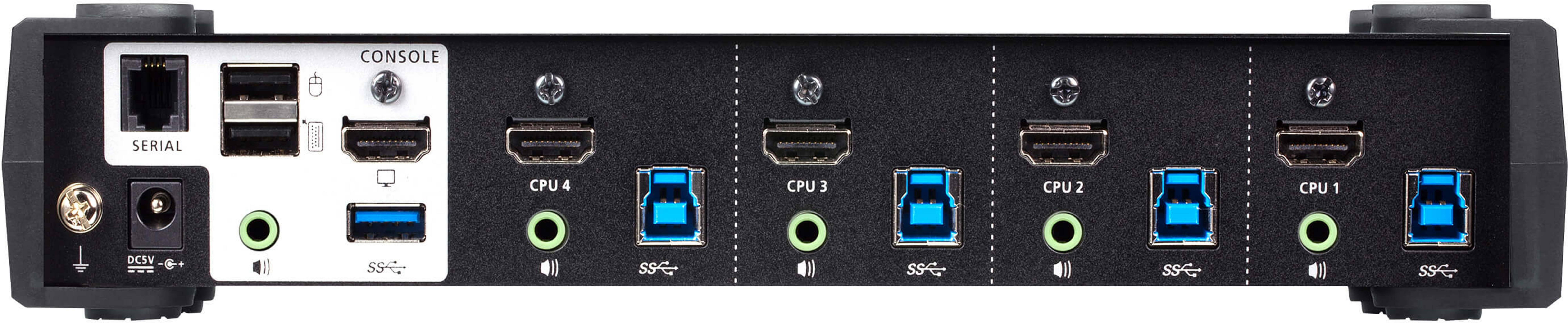 Rückseite eines schwarzen Geräts mit Anschlüssen wie USB, HDMI, Audio und Strom.