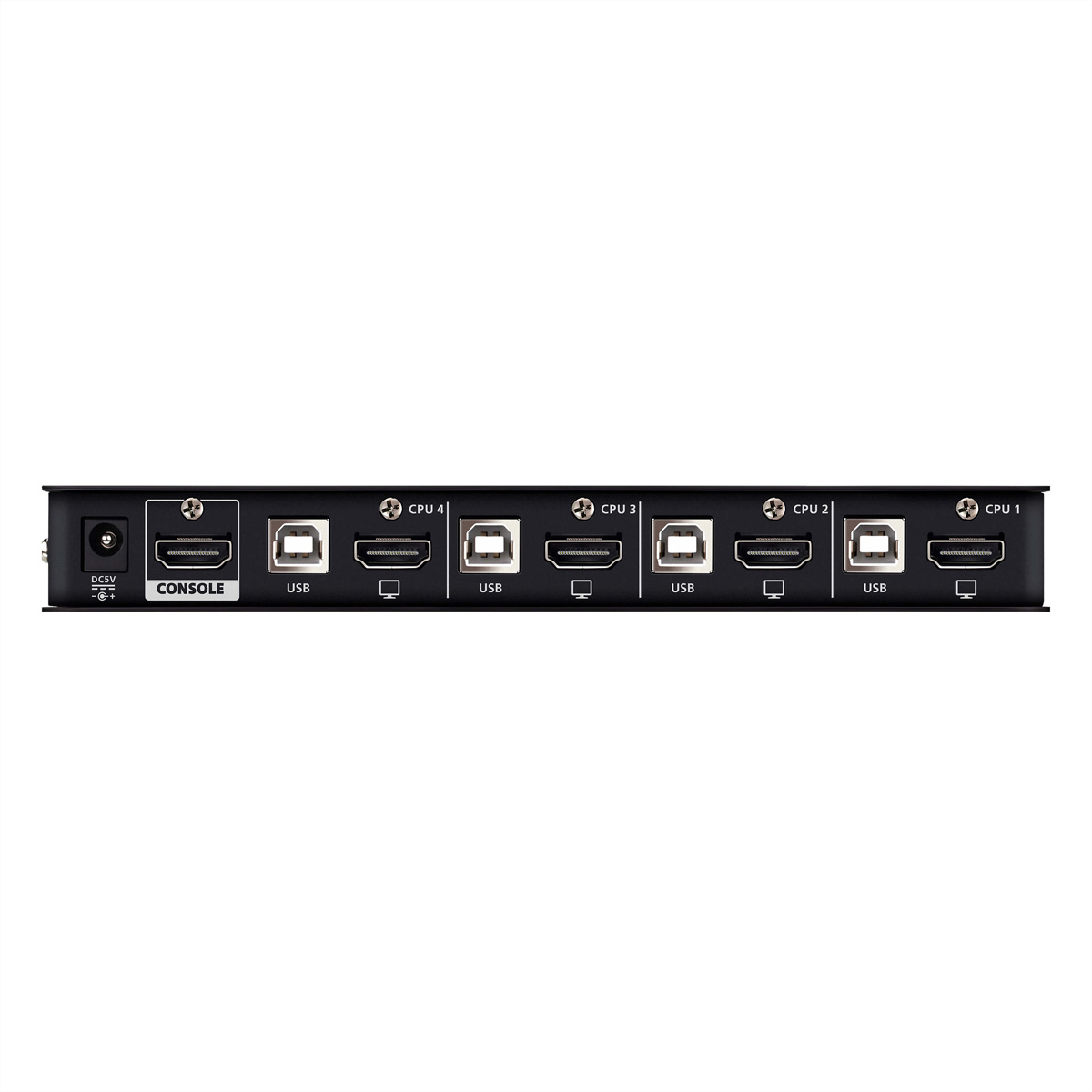 Ein schwarzer KVM-Switch mit Anschlüssen für Konsole, 4 CPUs und USB.