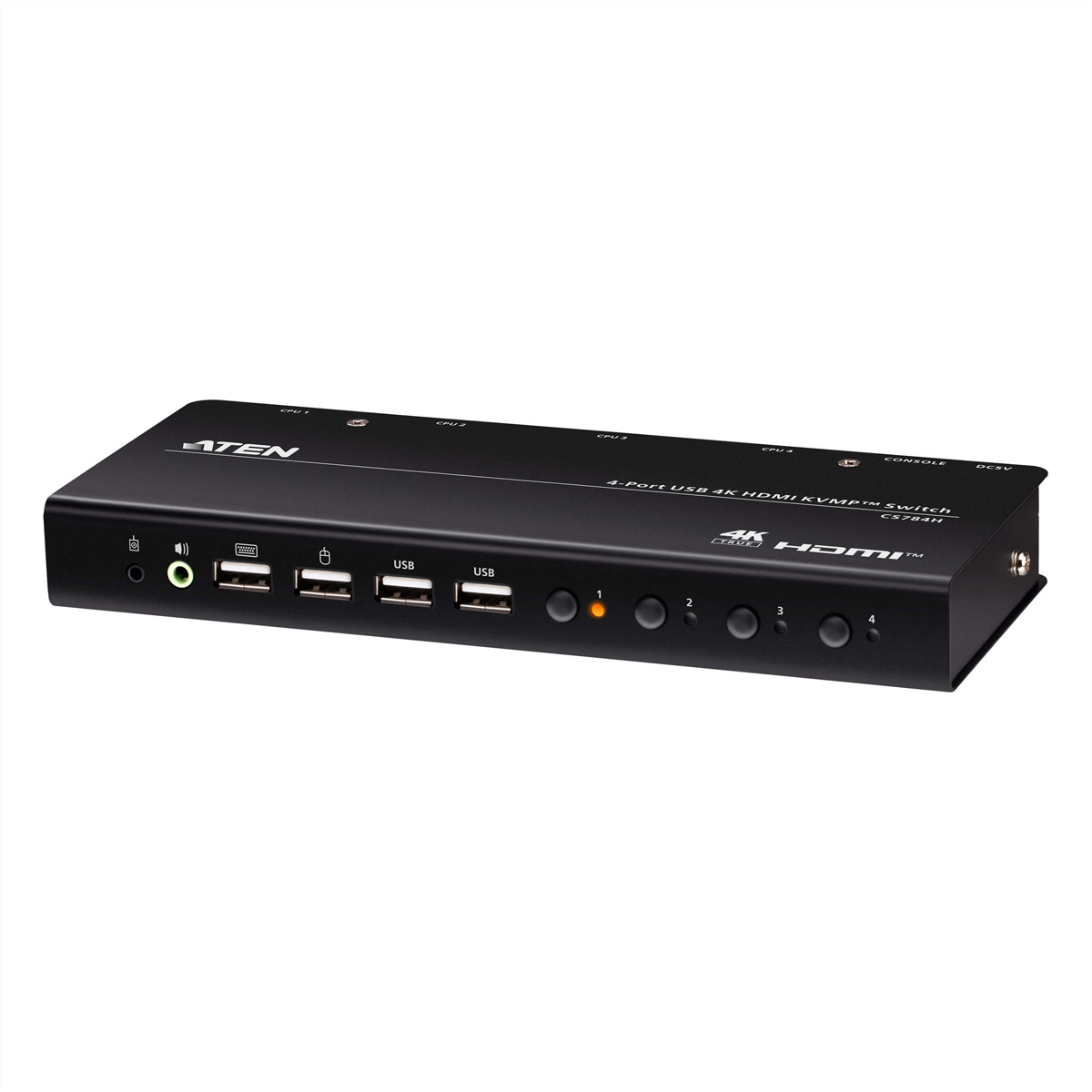 Schwarzer 4-Port USB 4K HDMI KVM Switch mit mehreren Anschlüssen und LEDs.