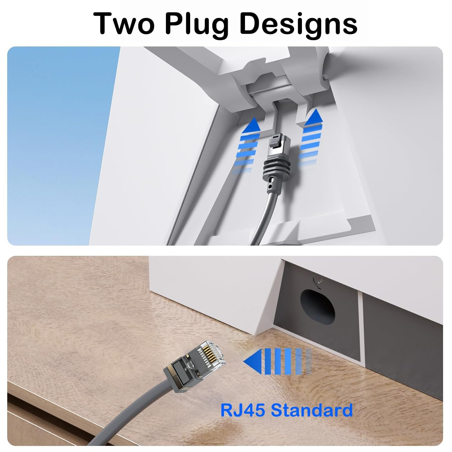 Zwei Ansichten eines Ethernet-Kabels und RJ45-Steckers.