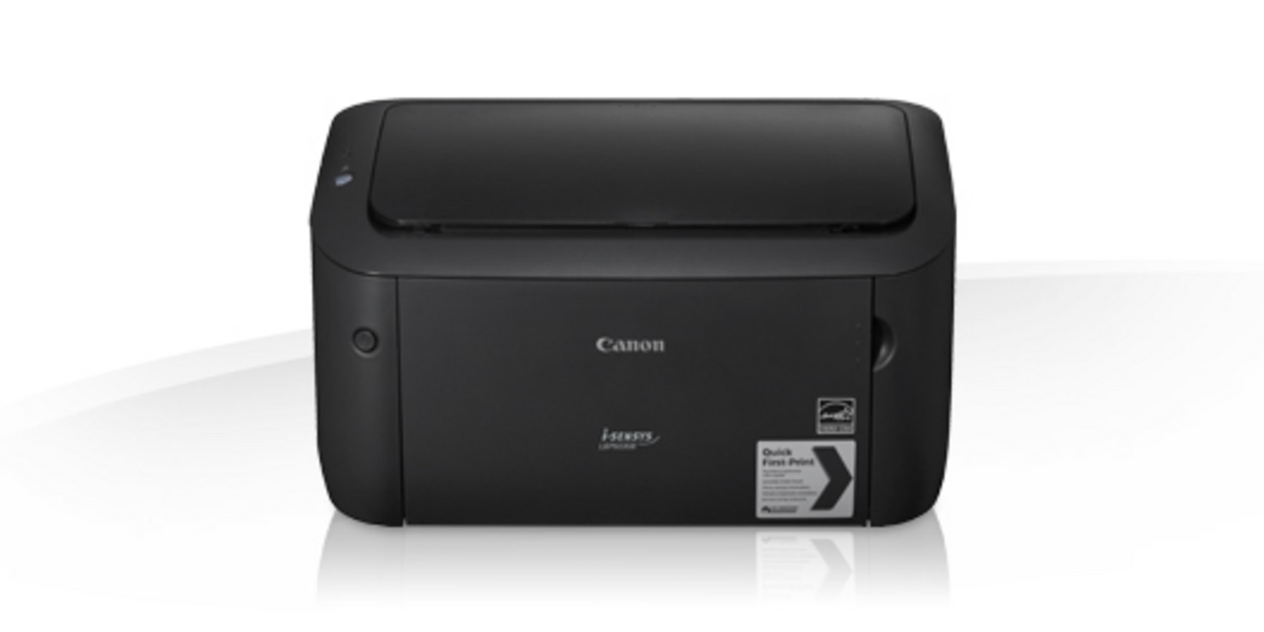 Ein schwarzer Canon i-SENSYS Laserdrucker steht auf einem weißen Hintergrund.