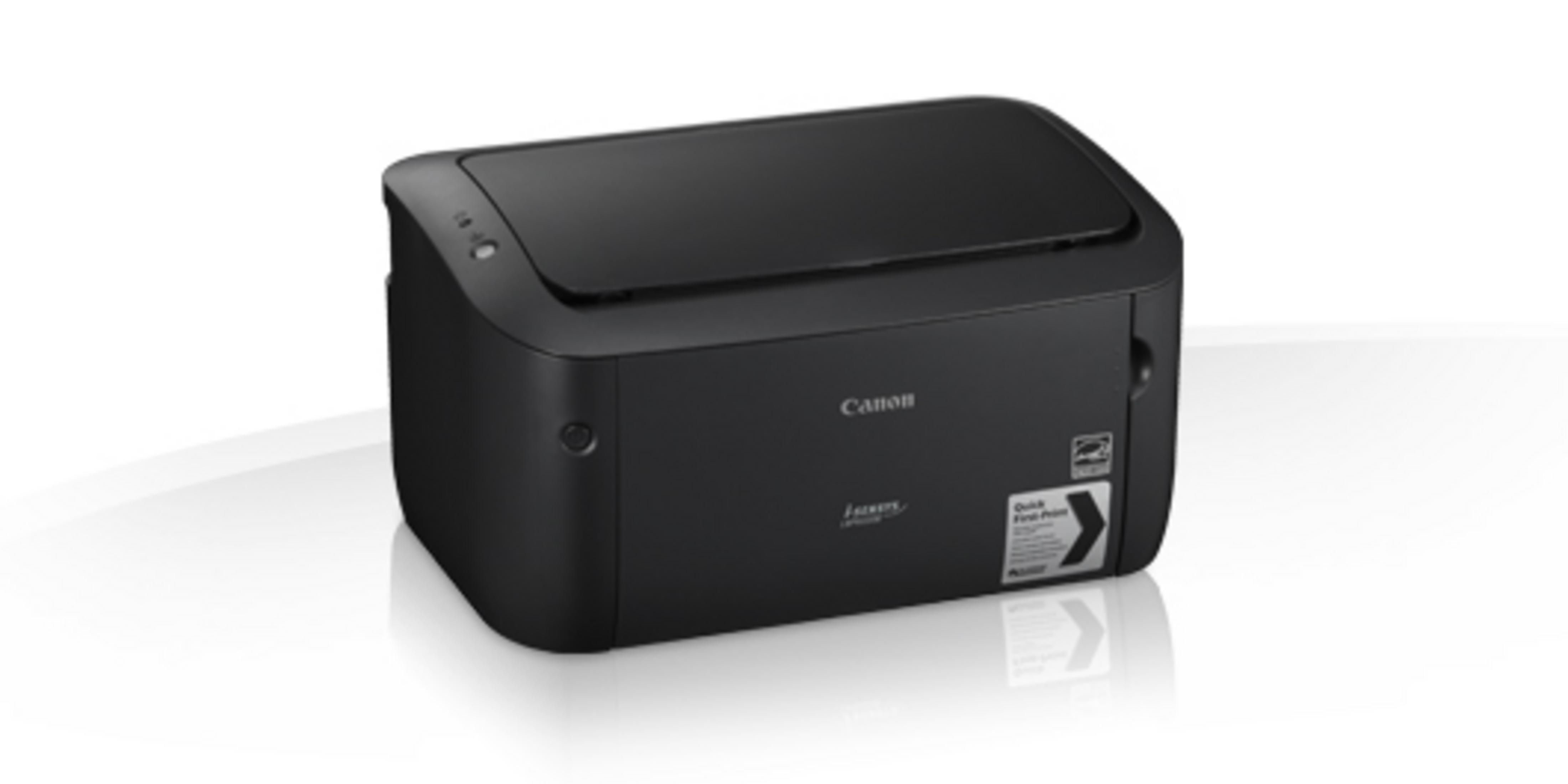 Ein schwarzer Canon Laserdrucker steht auf einem weißen Hintergrund.