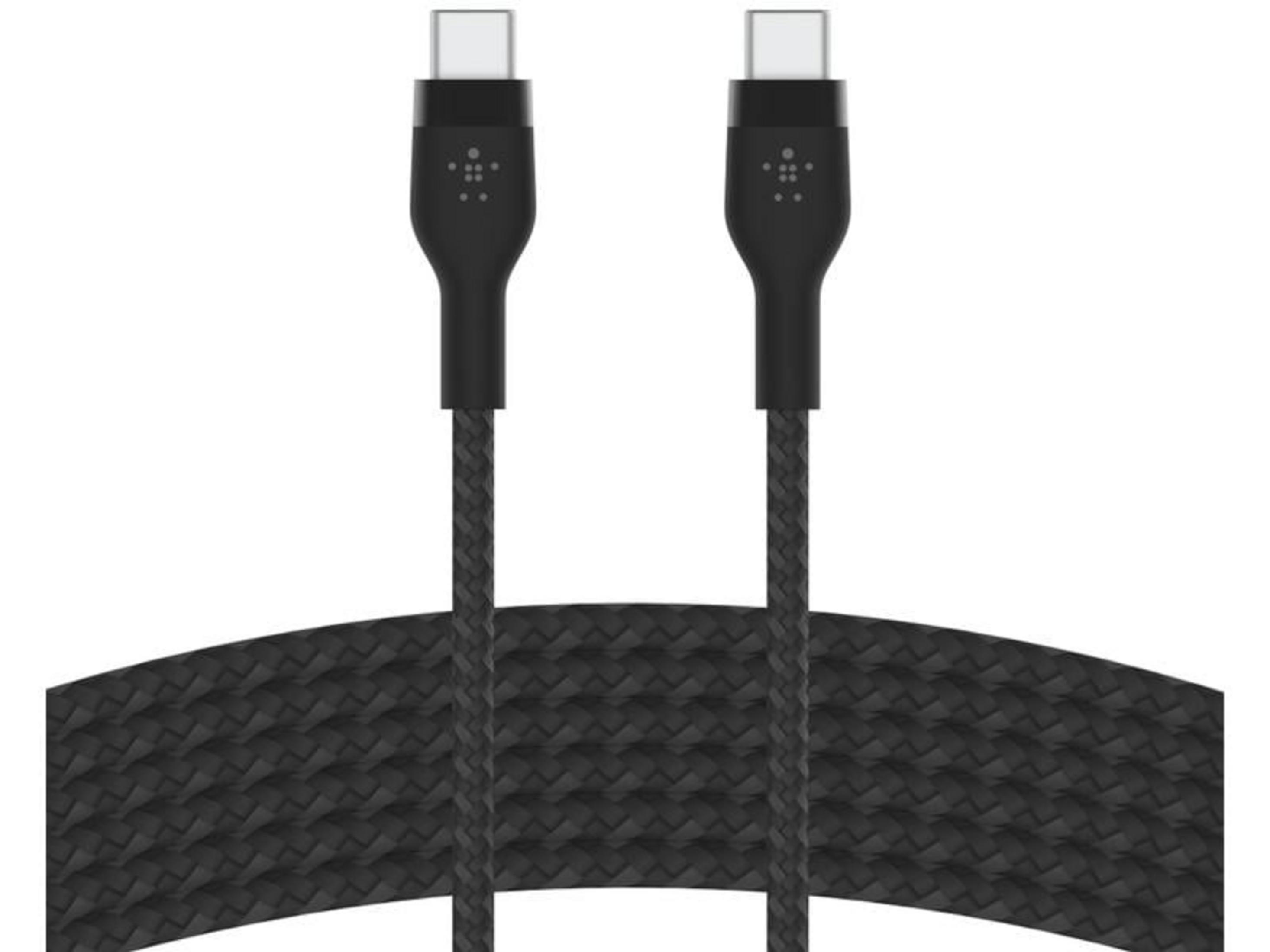 Zwei schwarze USB-C-Kabel mit geflochtenem Mantel, weißer Hintergrund.