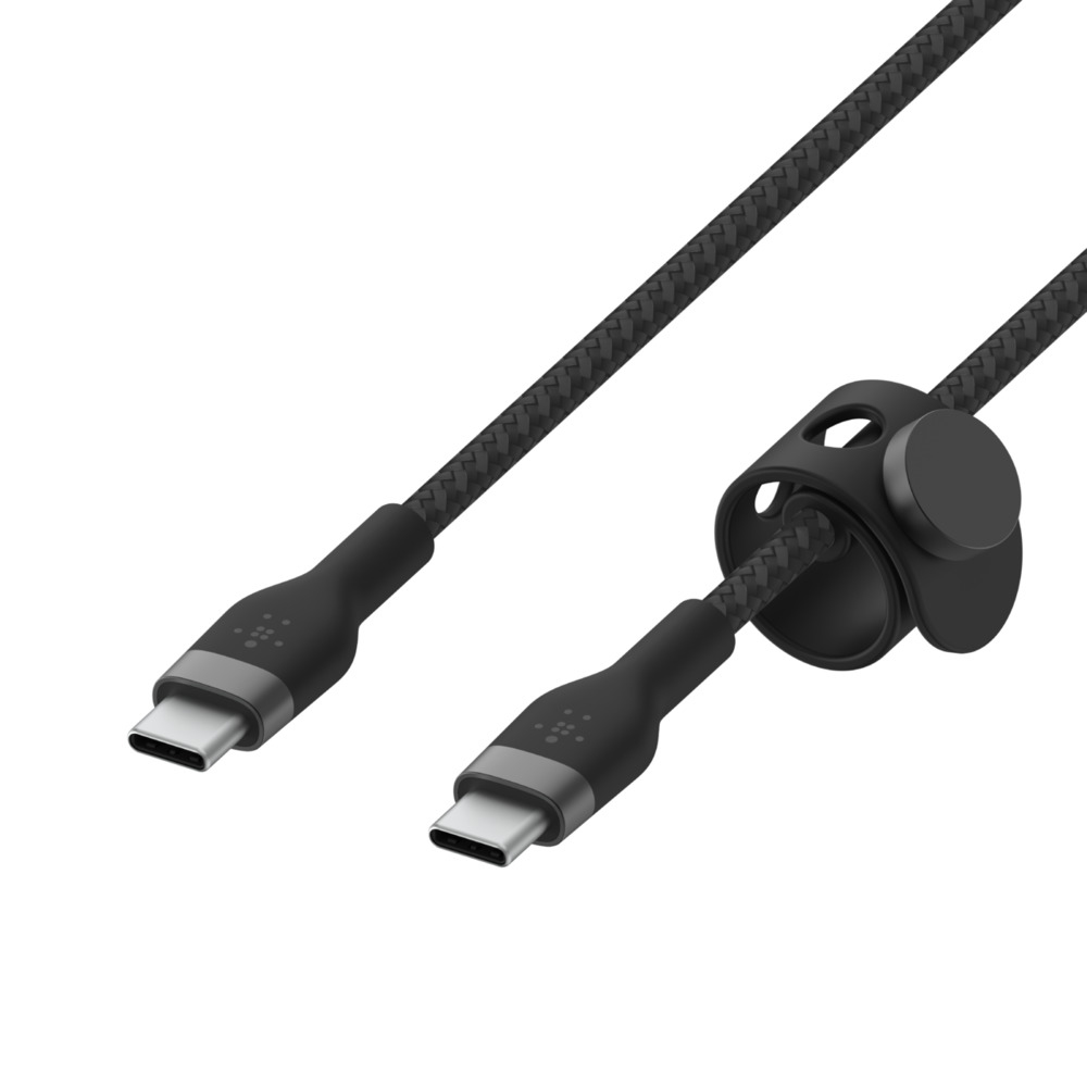Ein schwarzes USB-C-Kabel mit zwei Anschlüssen und einem Kabelclip.