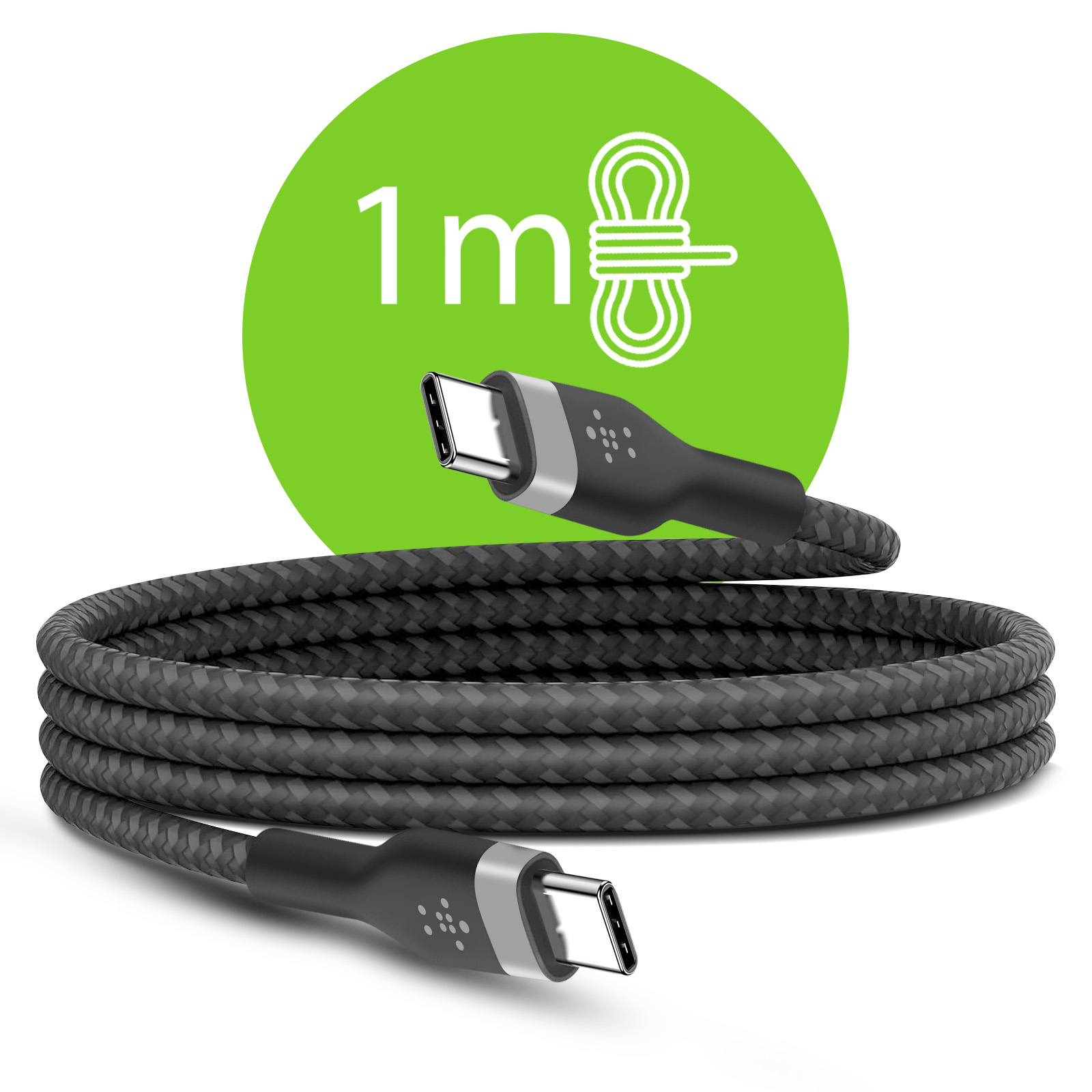 Ein 1m langes, geflochtenes schwarzes USB-C-Kabel mit silbernen Anschlüssen.
