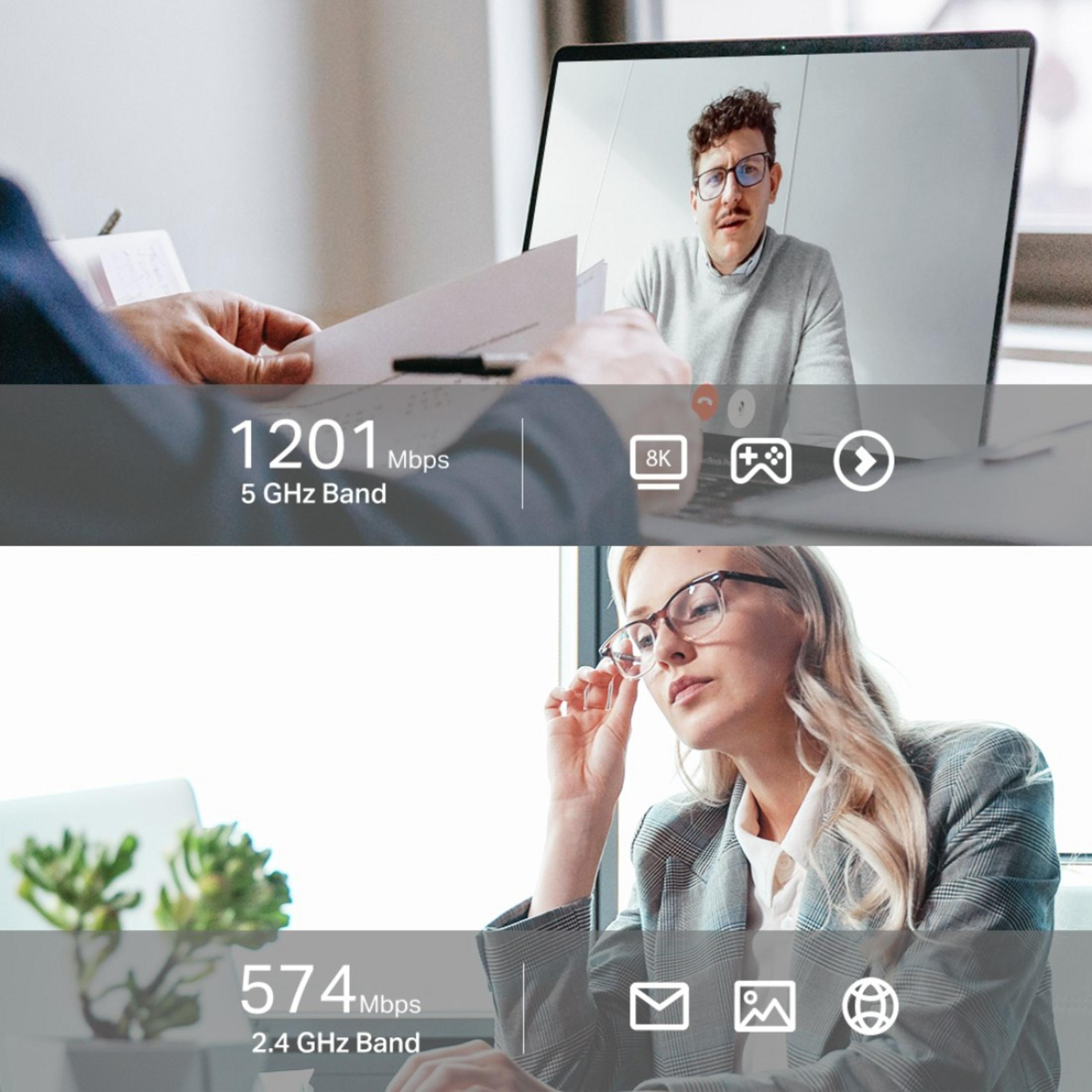 Hombre en videollamada, 1201 Mbps 5 GHz. Mujer con gafas, 574 Mbps 2.4 GHz.