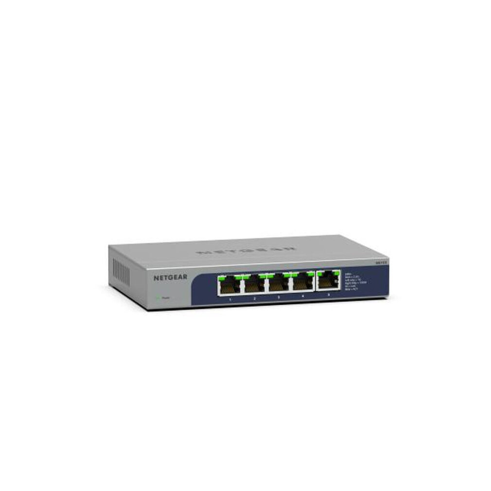 Uno switch di rete argento a 5 porte con pannello frontale blu e luci verdi.